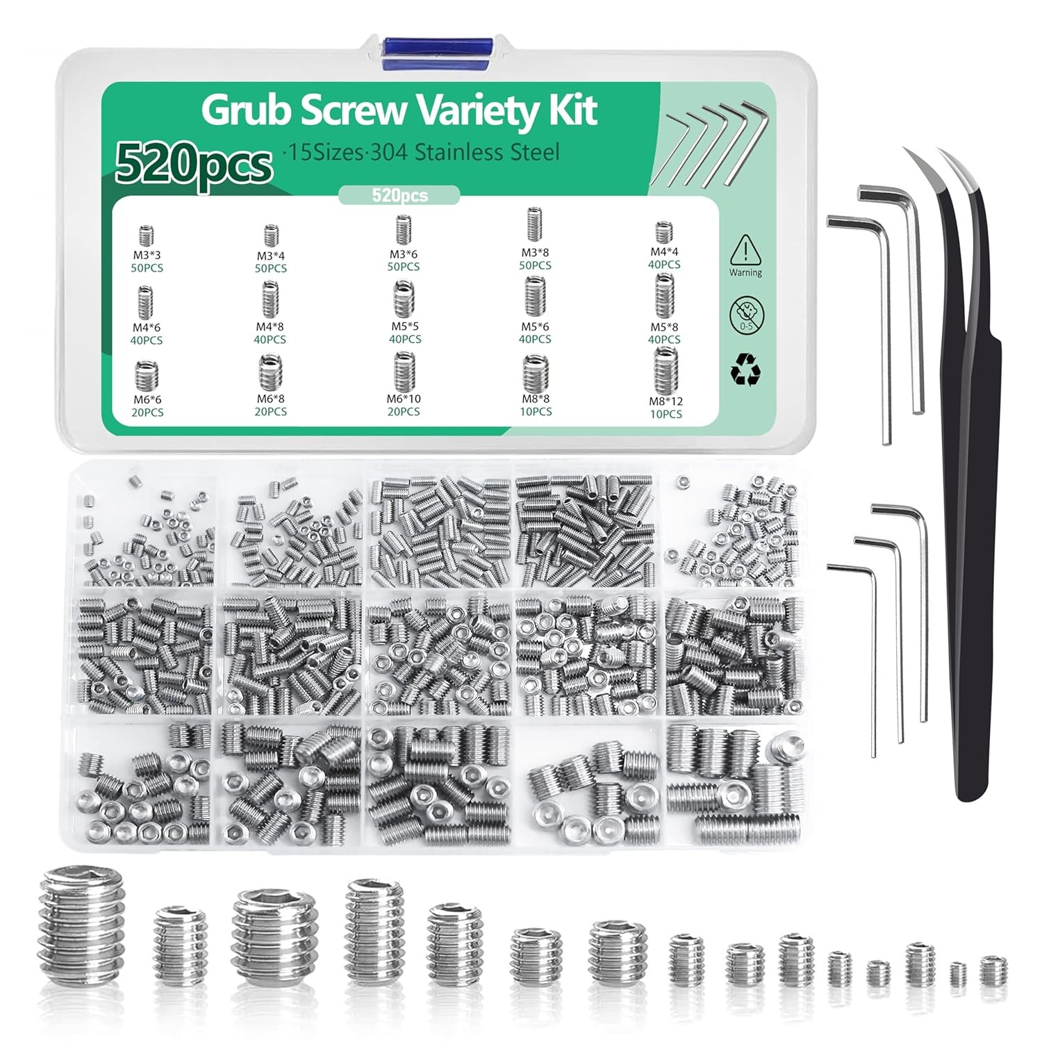 520Pcs Set Screw Assortment Kit& Metric Allen Socket Set Screws,(M3–M8) Scr