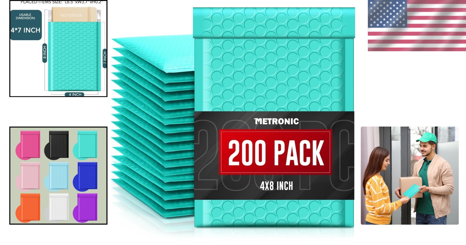 200 Teal Bubble Mailers 4×8 Inches – Waterproof, Self-Seal & Padded for Shipping