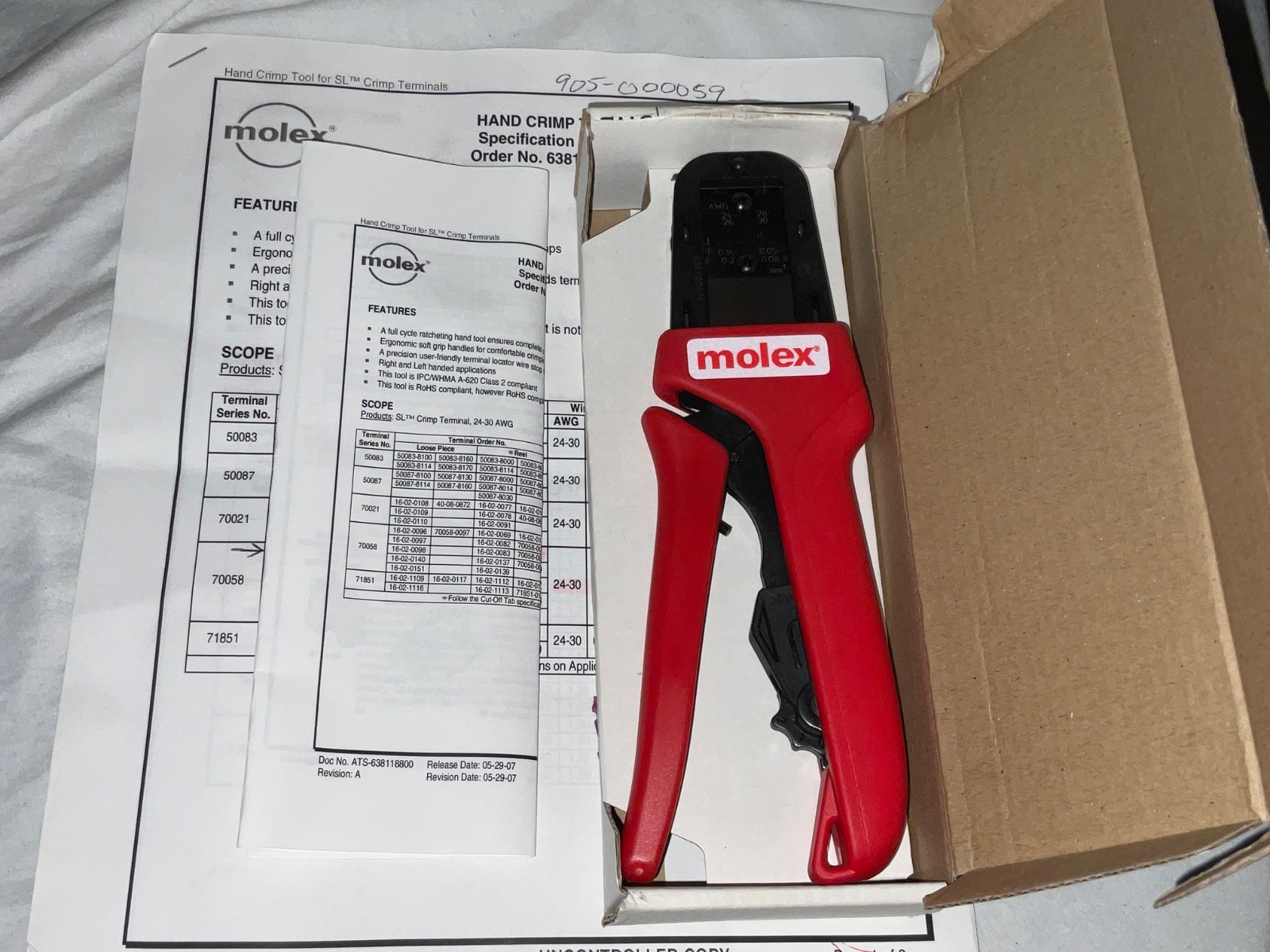 New Molex 63811-4400 Hand Crimp Tool Full Cycle Racheting Class 2 Compliant