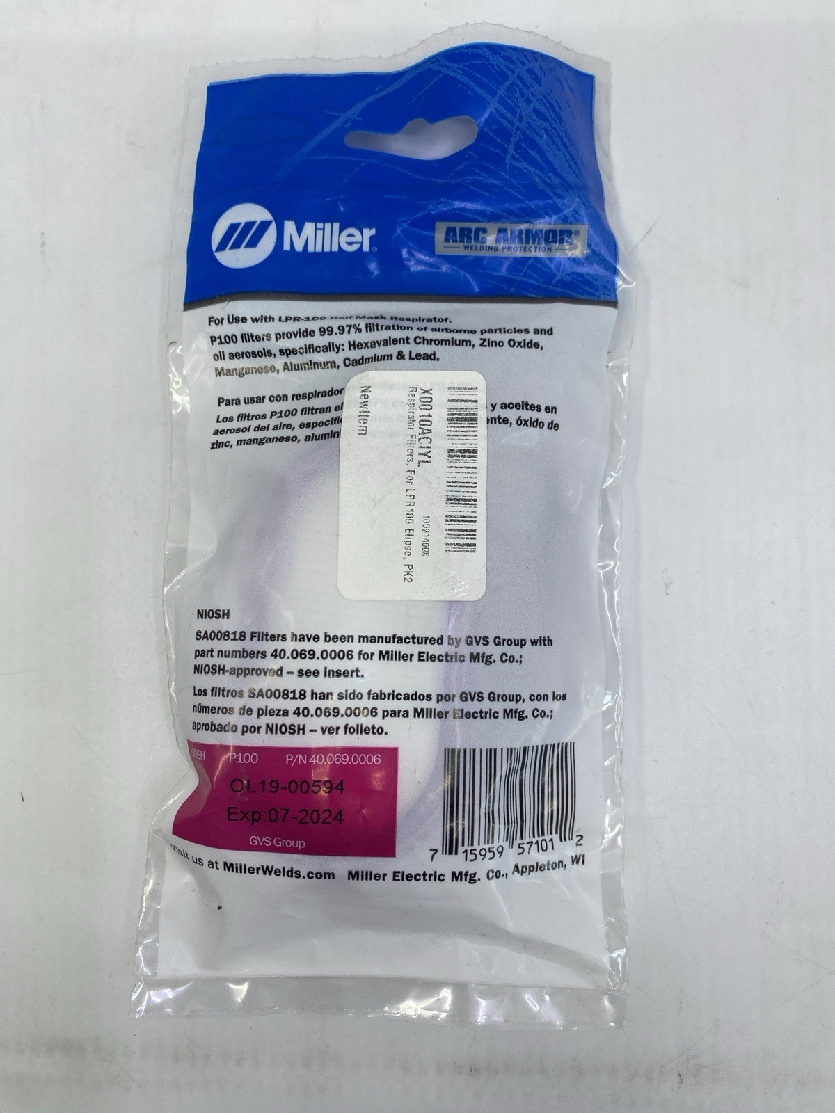 Miller P100 Filter for LPR-100 – SA00818 (2 Pack) Lot of 2 (expired 11/24)