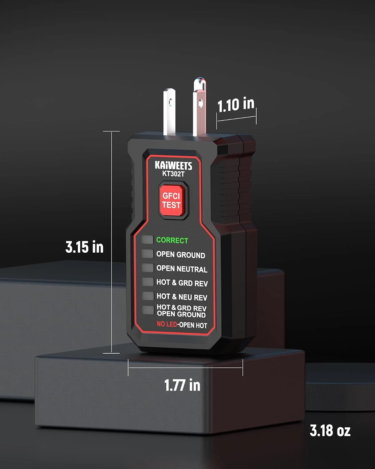 KAIWEETS KT302T Outlet Tester with GFCI Test, Dual-Sided LED Receptacle Tester D