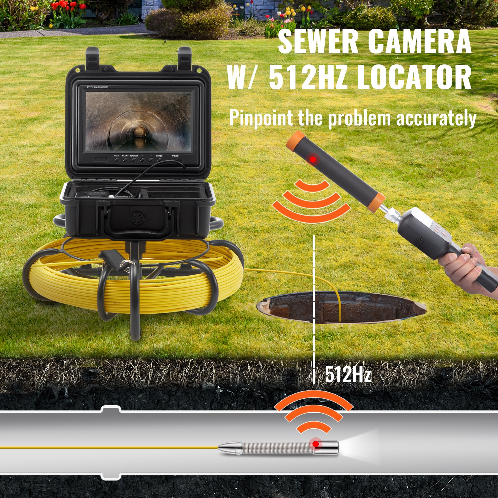 VEVOR Sewer Camera Pipe Inspection Camera w/ 512hz Sonde 9in 720p Screen 164 ft