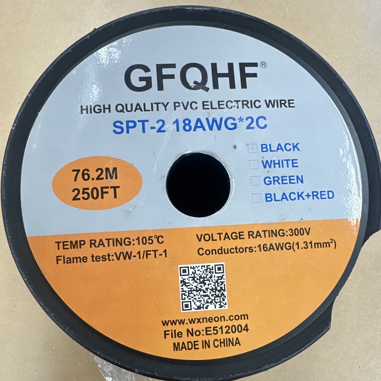 GFQHF SPT-2 18AWG 2C Stranded Copper PVC Wire Black 250ft 300V
