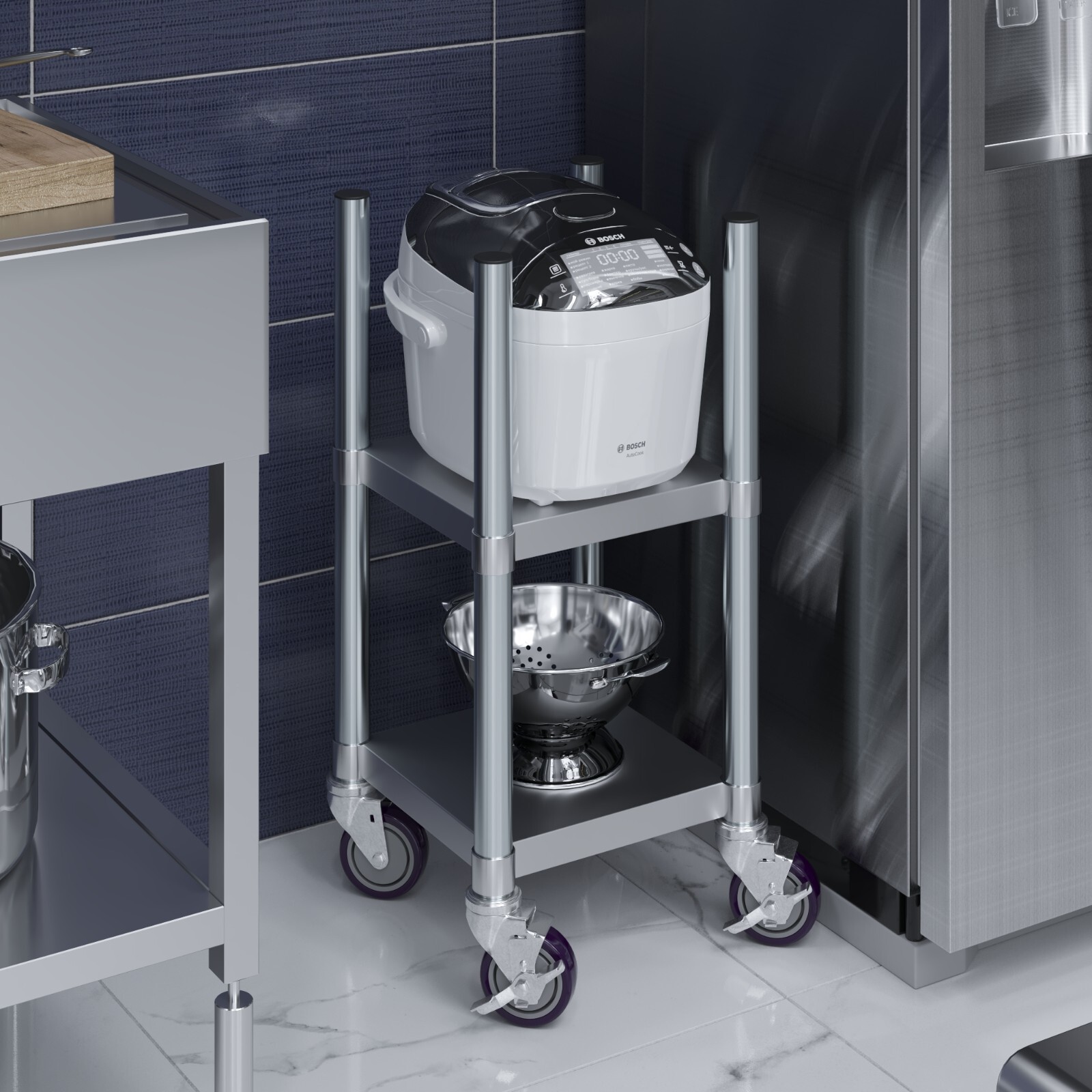 14 in. x 14 in. Stainless Steel Rice Warmer Stand with Wheels
