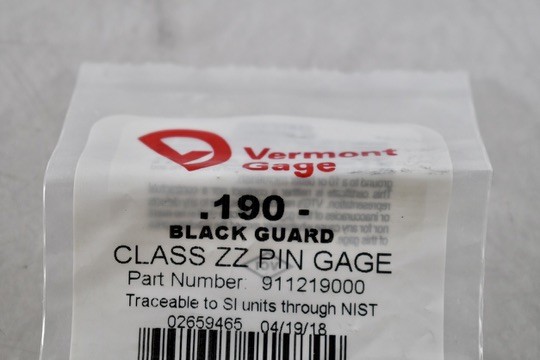 NEW Vermont Gage 911219000 Class ZZ Black Guard 0.190 Inch Minus Pin Gage