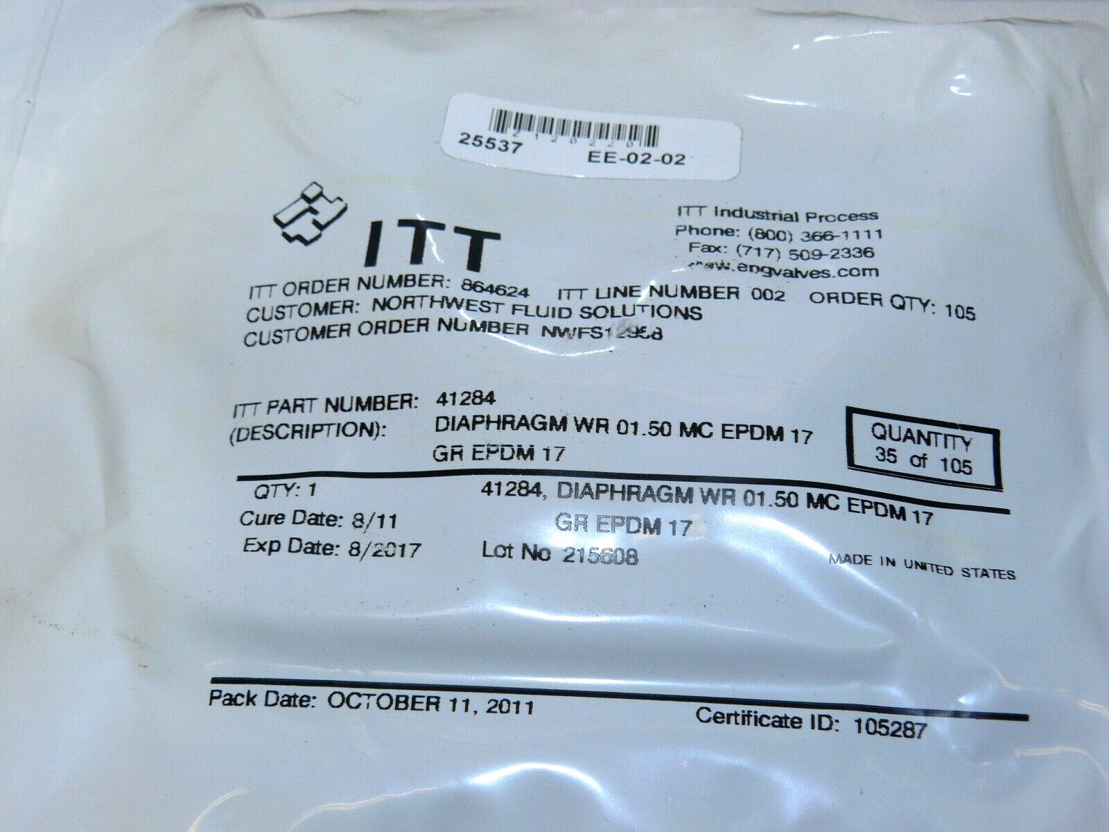 ITT INDUSTRIES 41284 DIAPHRAGM 1-1/2 INCH EPDM 17 NEW