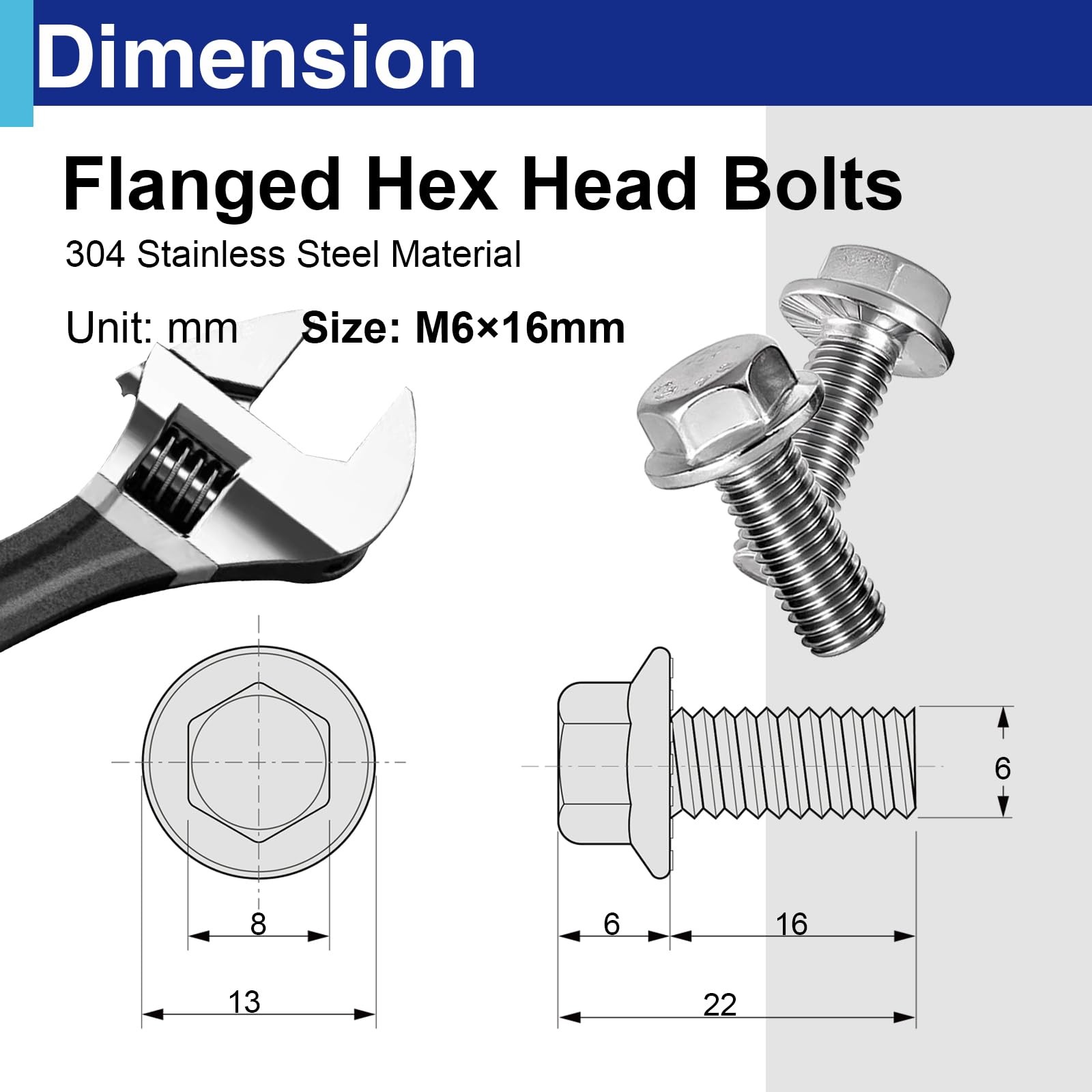 15 Pack M6-1.0 × 16mm Flange Bolt, Full Thread 304 Stainless Steel M6, Silver