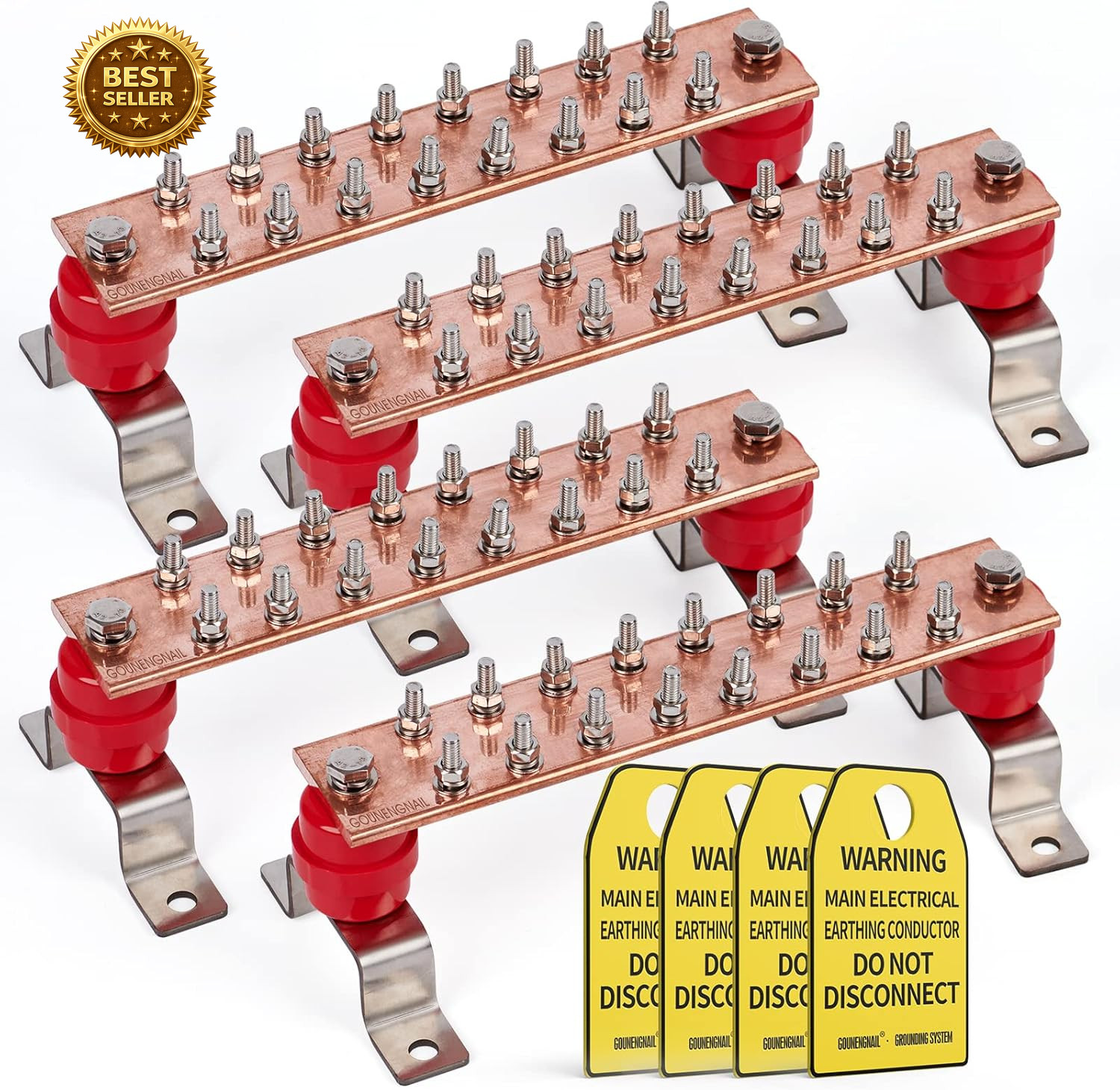4 Pack Copper Ground Bar Kit 2x10in 16 Terminal Busbar SM40 Insulators 7.2KV