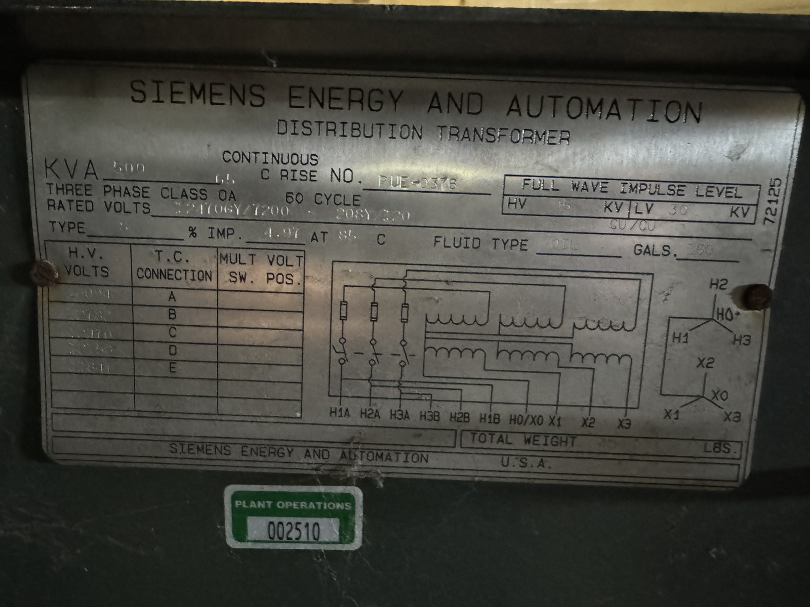 Siemens 500 KVA Pad Mount Transformer 12470GY / 7200 – 208Y / 120 w/ Taps
