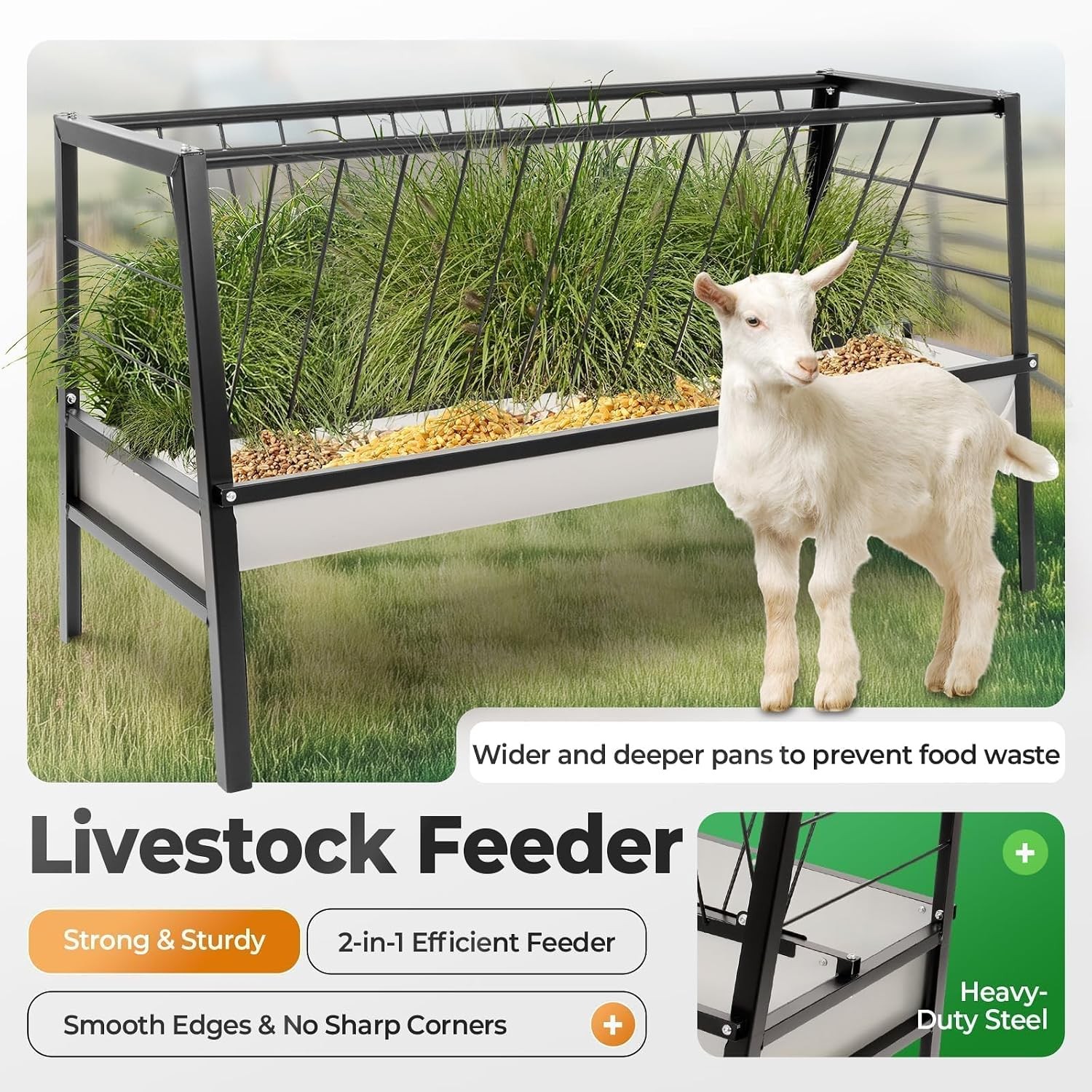 Pasture Hay Feeder 2 in 1 55 Gallon Livestock Feed Trough with 22 Gallon Feed