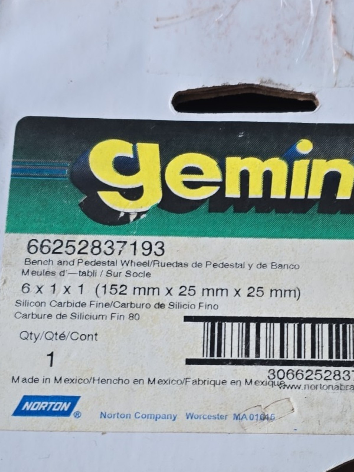 Norton Gemini 66252837193 6″ X 1″ X 1″ Grinding Wheel Fine 80