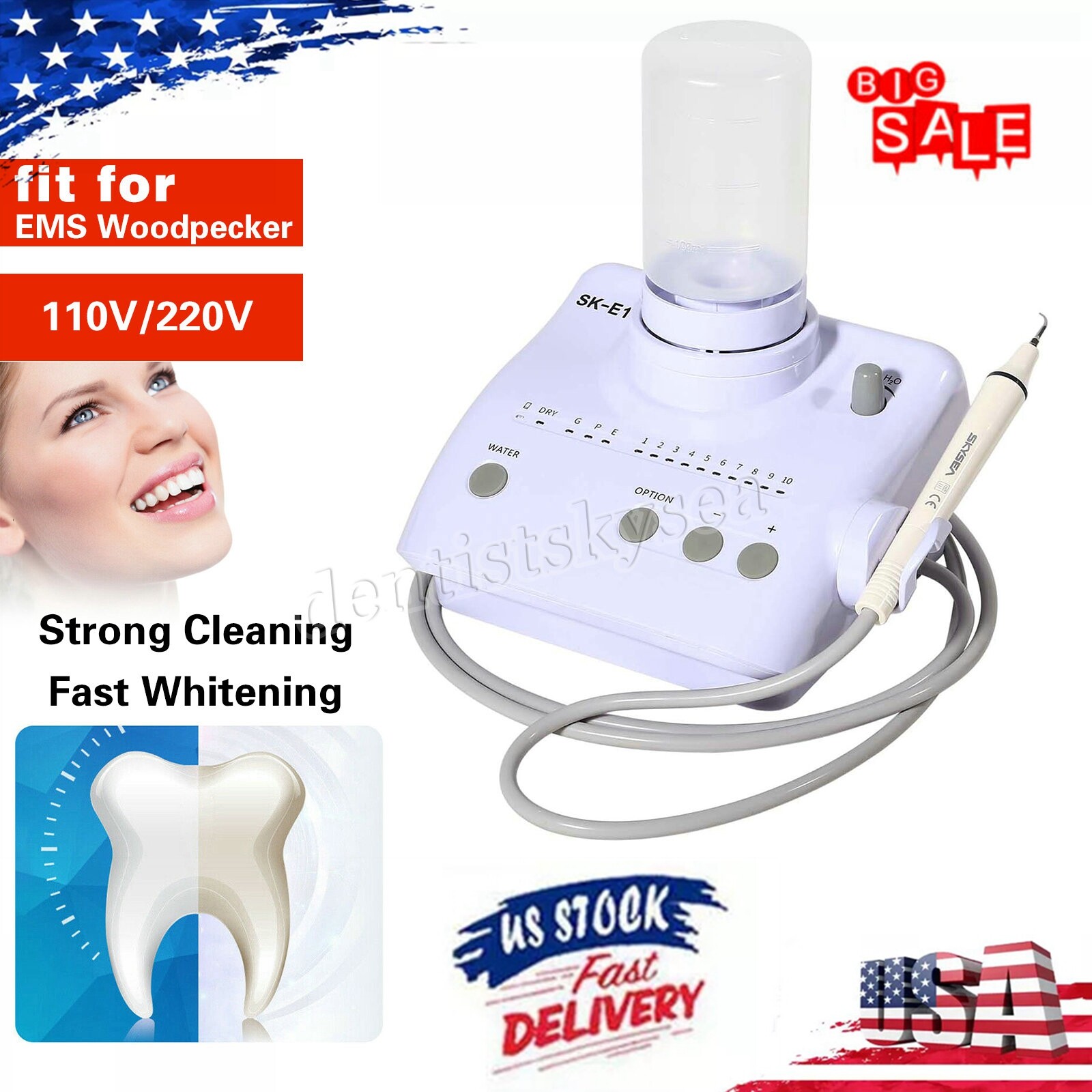 Dental Ultrasonic Scaler for EMS Cavitron Woodpecker+Handpiece+2*Bottles US-E1