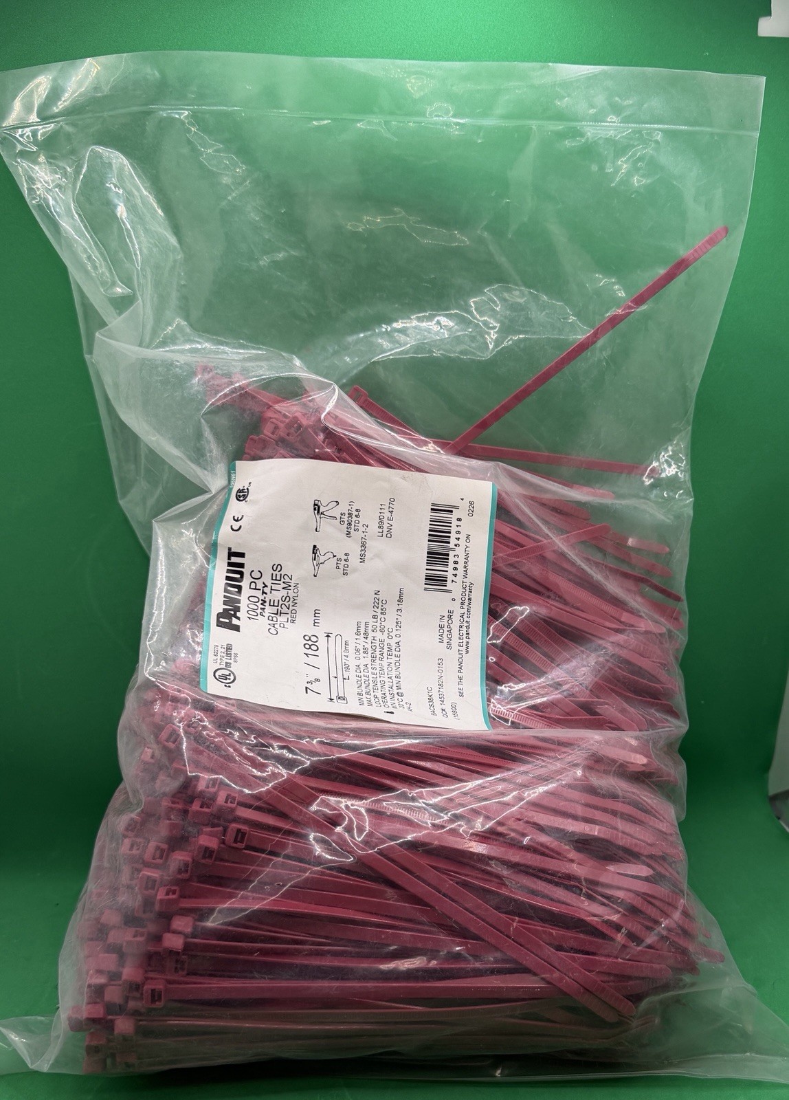 Panduit PLT2S-M2 Cable Tie, Locking, Military Spec, 7.4″L, Nylon 6/6, RED 1000pc