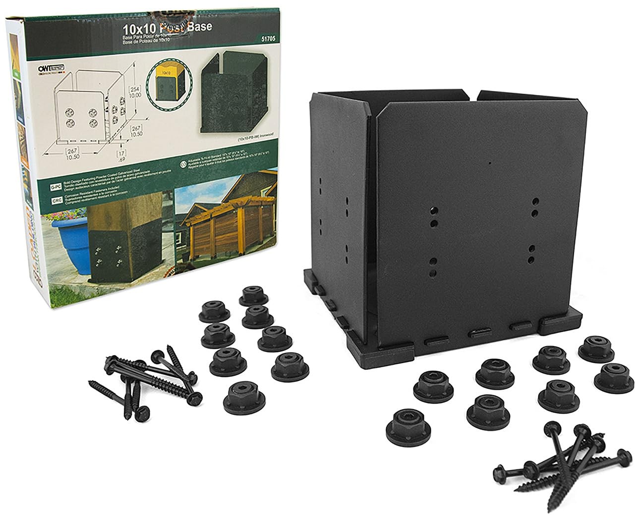 OZCO Ironwood Post Base Kit, 10in x 10in, 1 Kit with Hardware, Black
