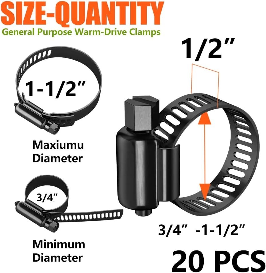 20Pcs Black Hose Clamp,3/4″- 1-1/2″(21-38mm)304 Hose, Stainless Steel Adjustable