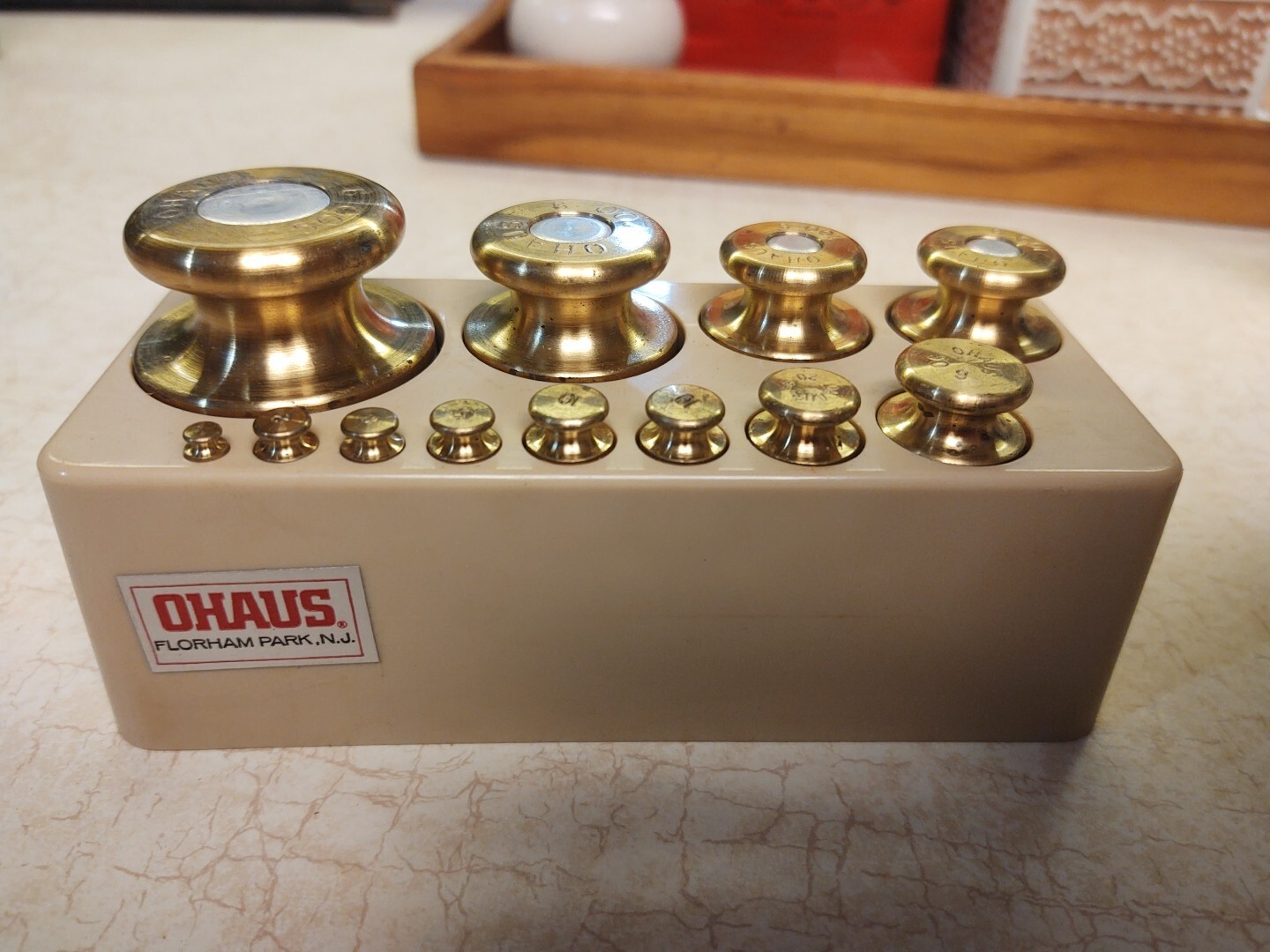 Vintage 12 Piece Ohaus Pharmaceutical Brass Calibration Weight And Plastic Case