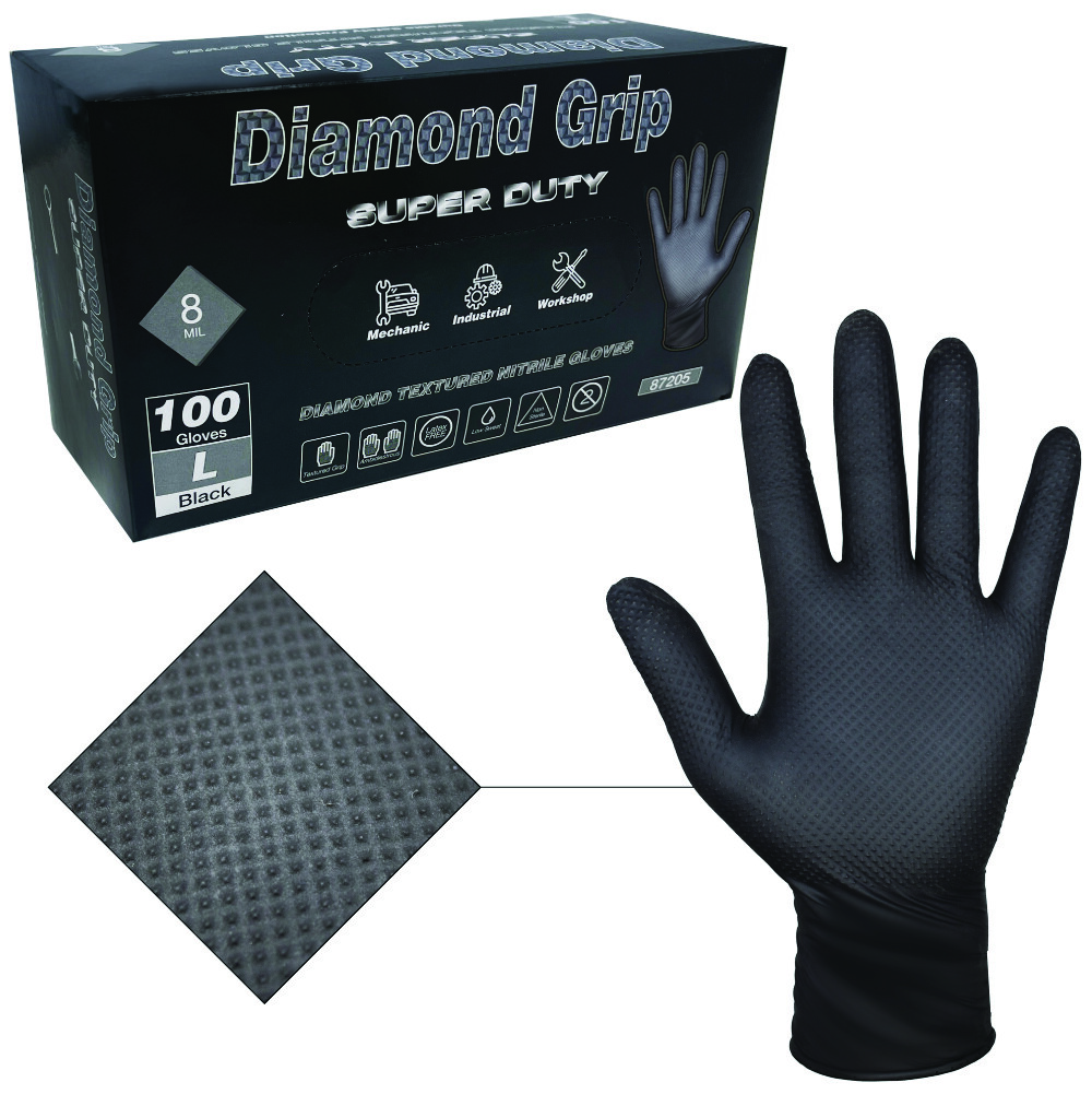 Heavy Duty Industrial Black Nitrile Gloves with Raised Diamond Texture, 8-mil