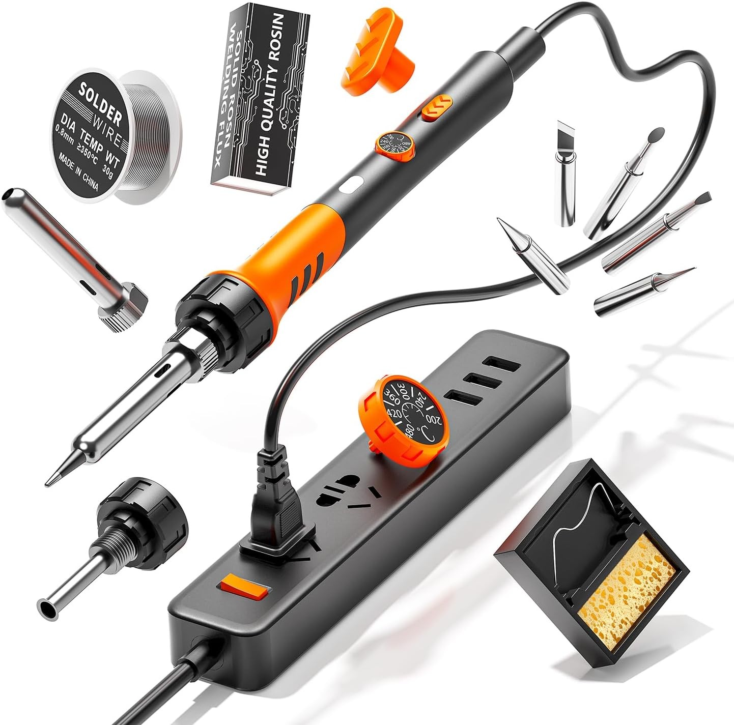 60W Adjustable Temperature Soldering Iron Kit – 9-in-1 With 5 Tips, Orange
