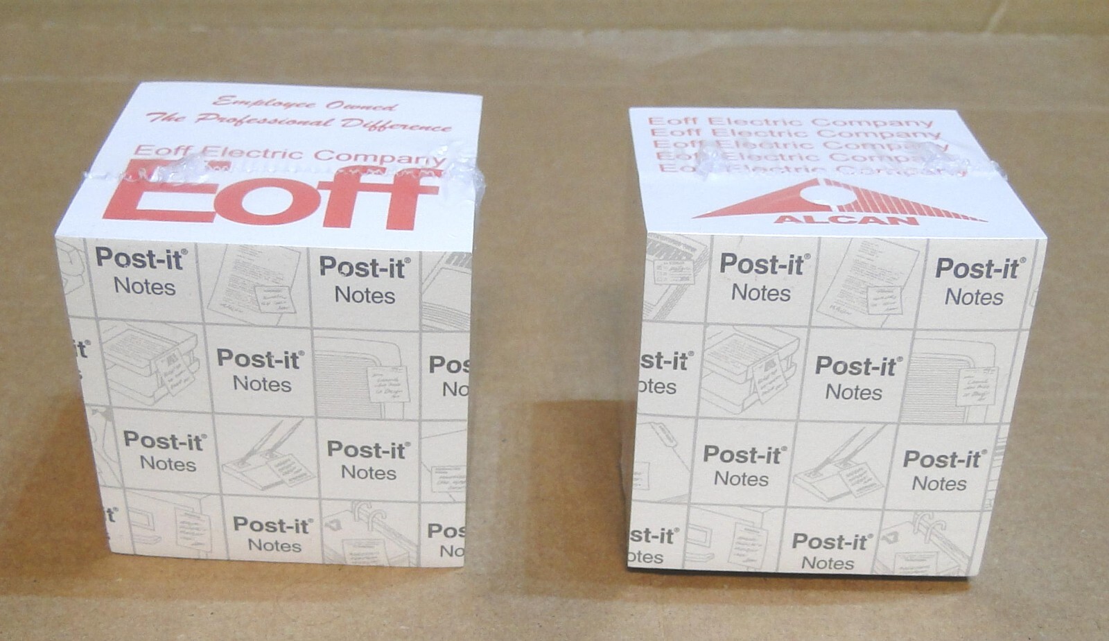Two 3M 3×3 Post-It Notes Cubes w/Advertising: Alcan, G.E., Eoff Electric Company