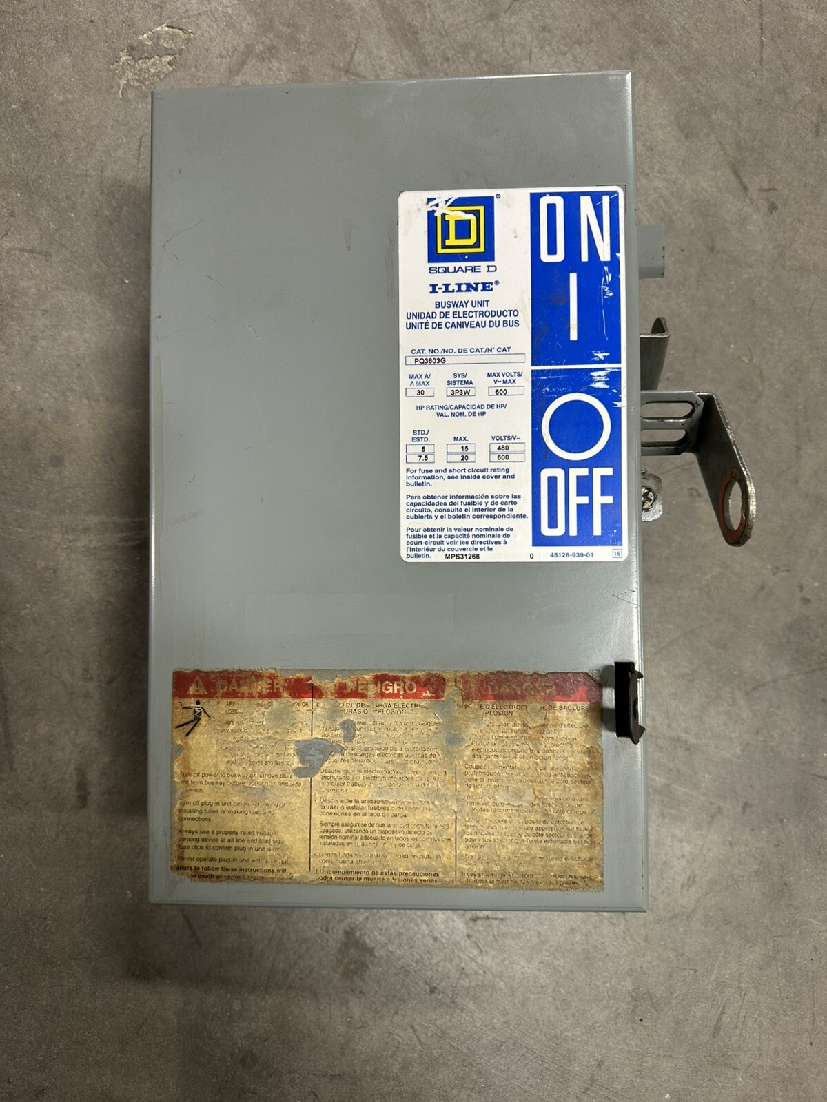 SQUARE D PQ3603G Ser 4 30A 30 Amp 3P 3W 600V I-Line Busway Unit Switch Buss Plug
