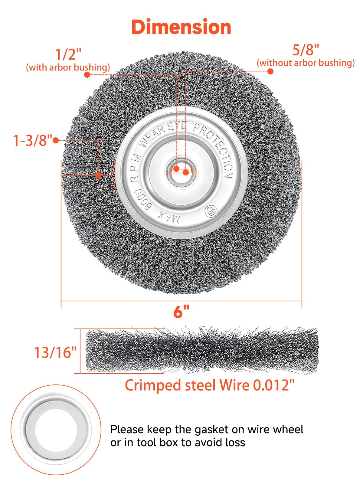 OSFTBVT 6in Wire Wheel Brush for Bench Grinder, Coarse Crimped Steel Black
