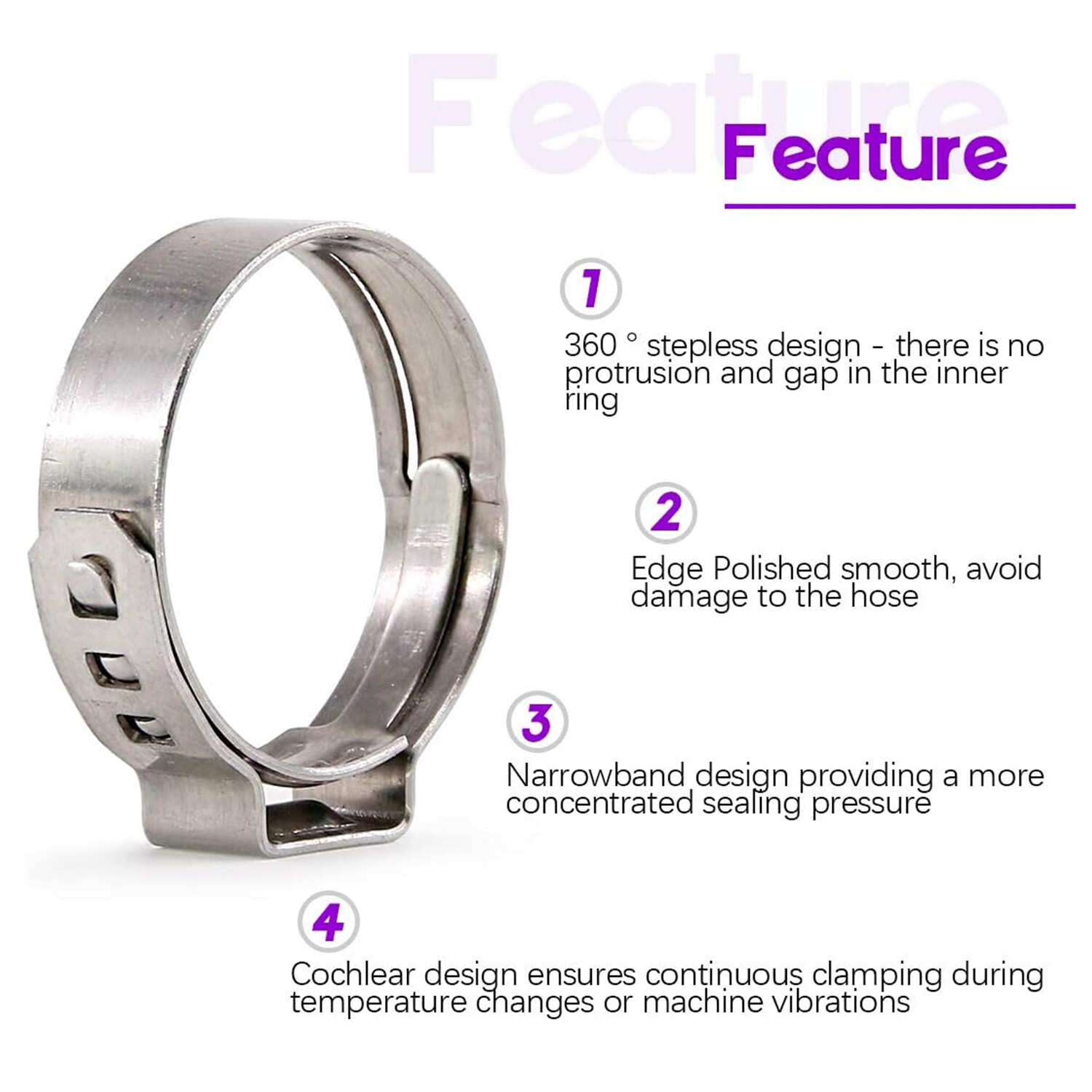 100/260X High Pressure Fuel Hose Clamps Stepless Stainless Steel Single Ear Clip