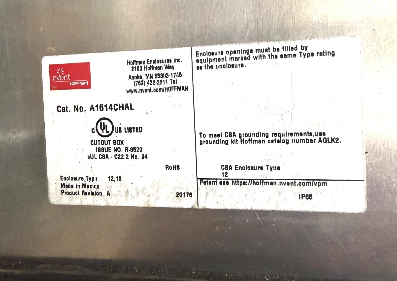 NVENT HOFFMAN NEMA JIC ELECTRICAL BOX 3RX NO. R-8520