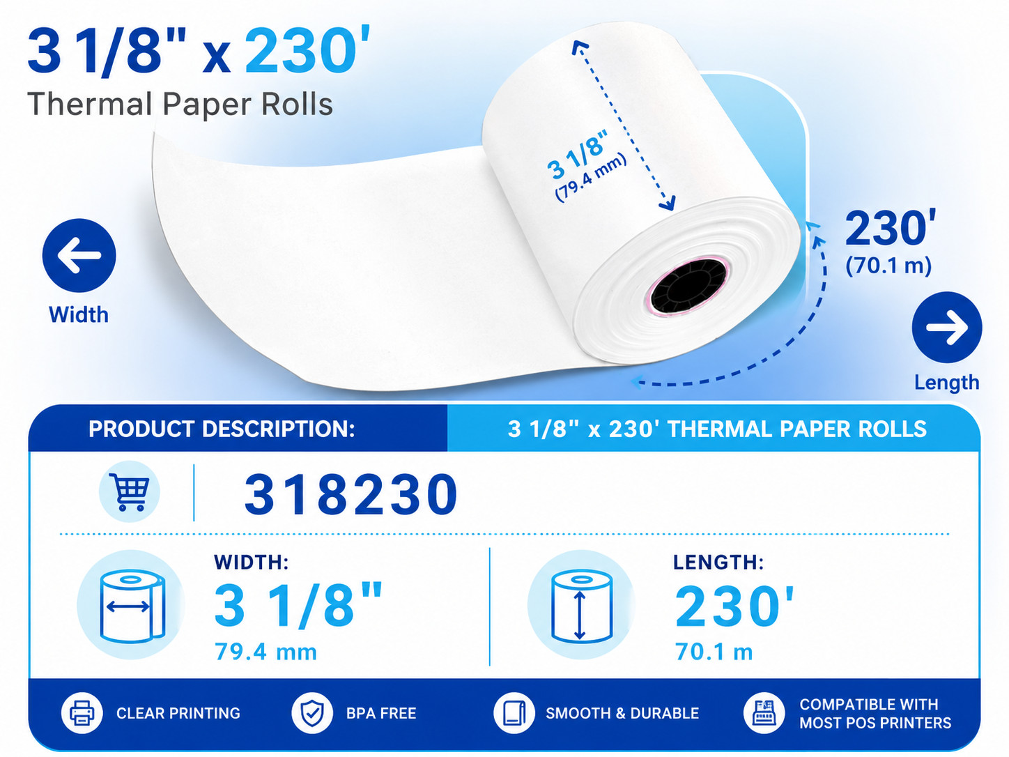 (50 Rolls) 3 1/8″ x 230′ Thermal Receipt Paper BPA Free POS Register – Free Ship