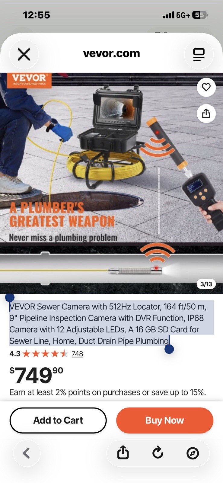 VEVOR Sewer Camera 164ft/50m 512Hz Locator 720P LCD DVR IP68 12 LED