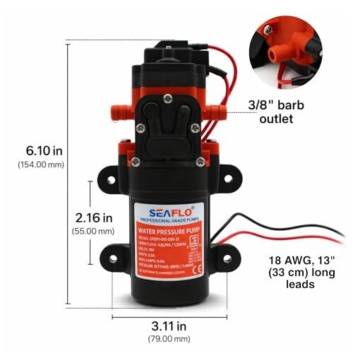 12V DC Water Pressure Diaphragm Pump – 1.2 GPM, 35 PSI, Adjustable Switch, Quiet