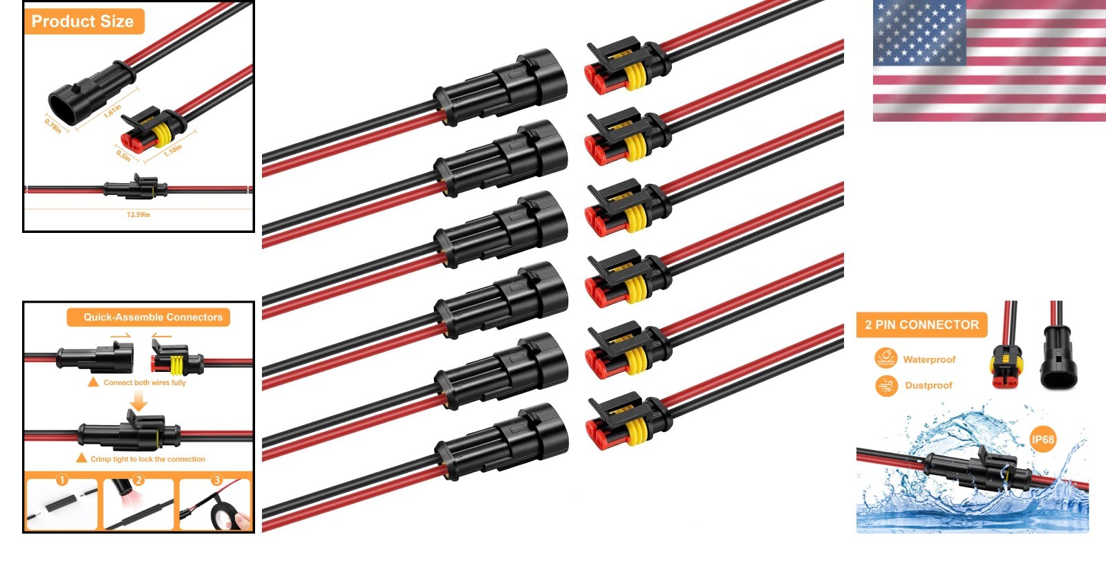 2 Pin Waterproof Connectors – 14AWG Quick Disconnect for Automotive & Marine Use