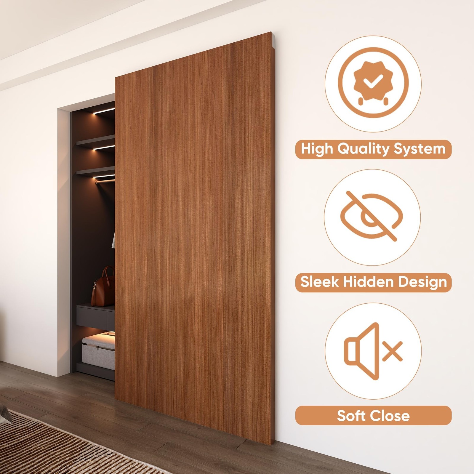 JUBEST 32″ Concealed Barn Door Hardware Kit with Soft Close Mechanism, Wall M…