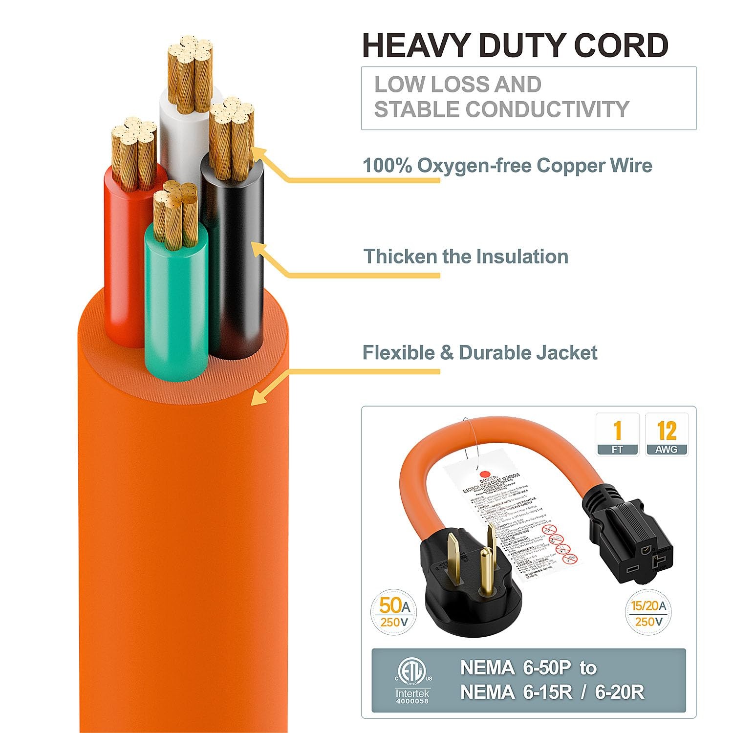 1.5FT Nema 6-50P to 6-15R/6-20R Welder Power Adapter Cord, 6-50P 50-Amp to 6-20R