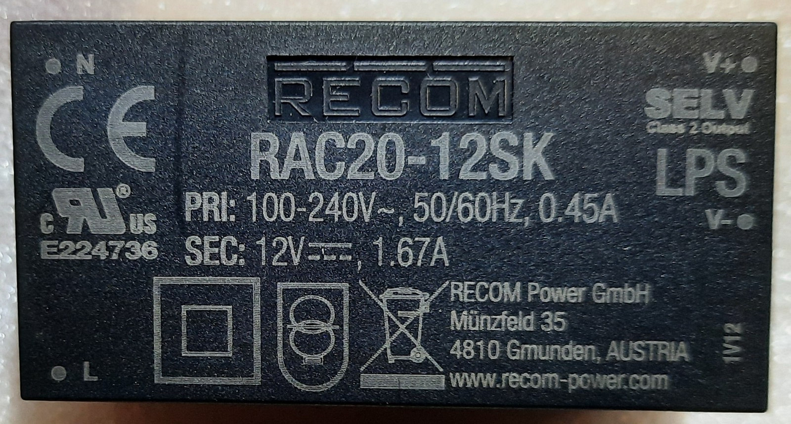 10 PCS RAC20-12SK RECOM Power AC DC Converter Module 12V 1.67A 20W 85 TO 264 Vin