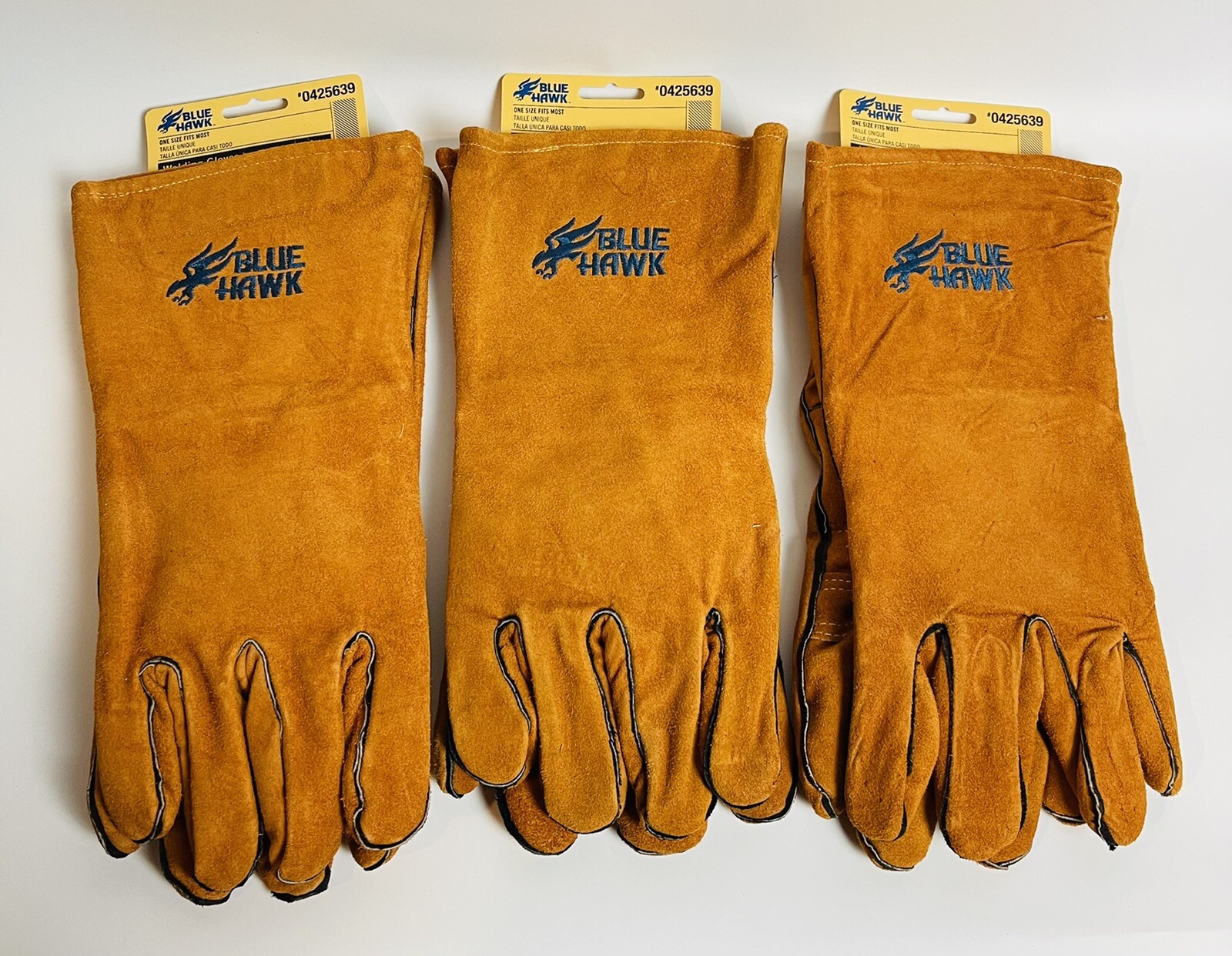 3 Pair Welding Gloves Blue Hawk Leather W/ Cotton Lining Size Large/XLarge