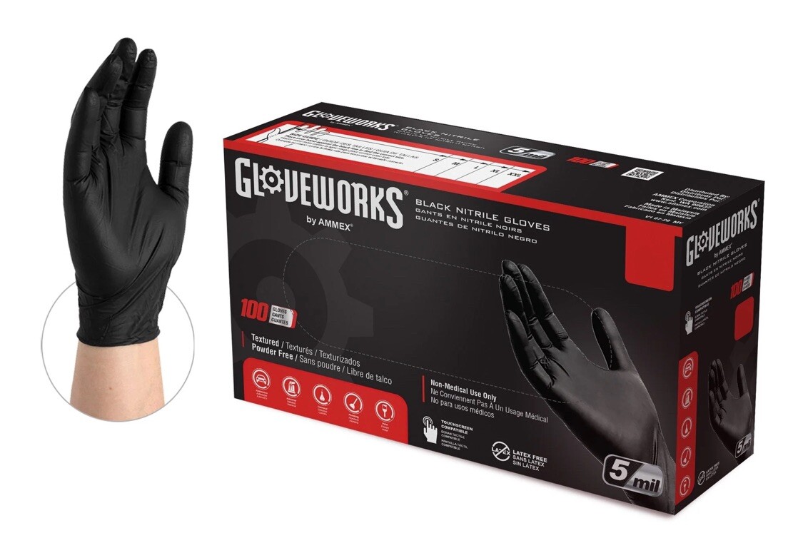 Gloveworks Nitrile Industrial Disposable Gloves, XXL, Black, 100 Gloves, 1 Box