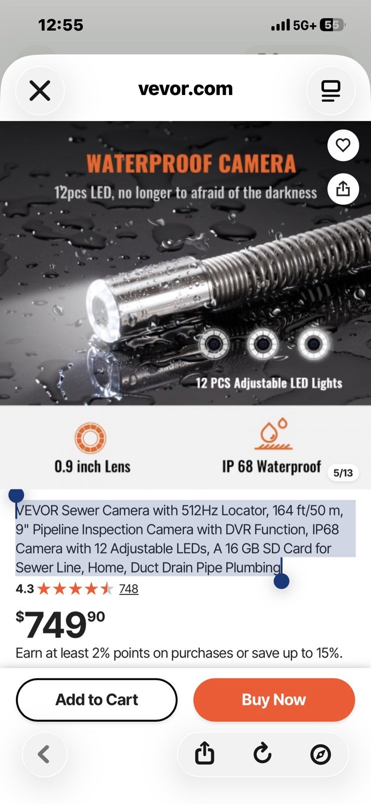 VEVOR Sewer Camera 164ft/50m 512Hz Locator 720P LCD DVR IP68 12 LED
