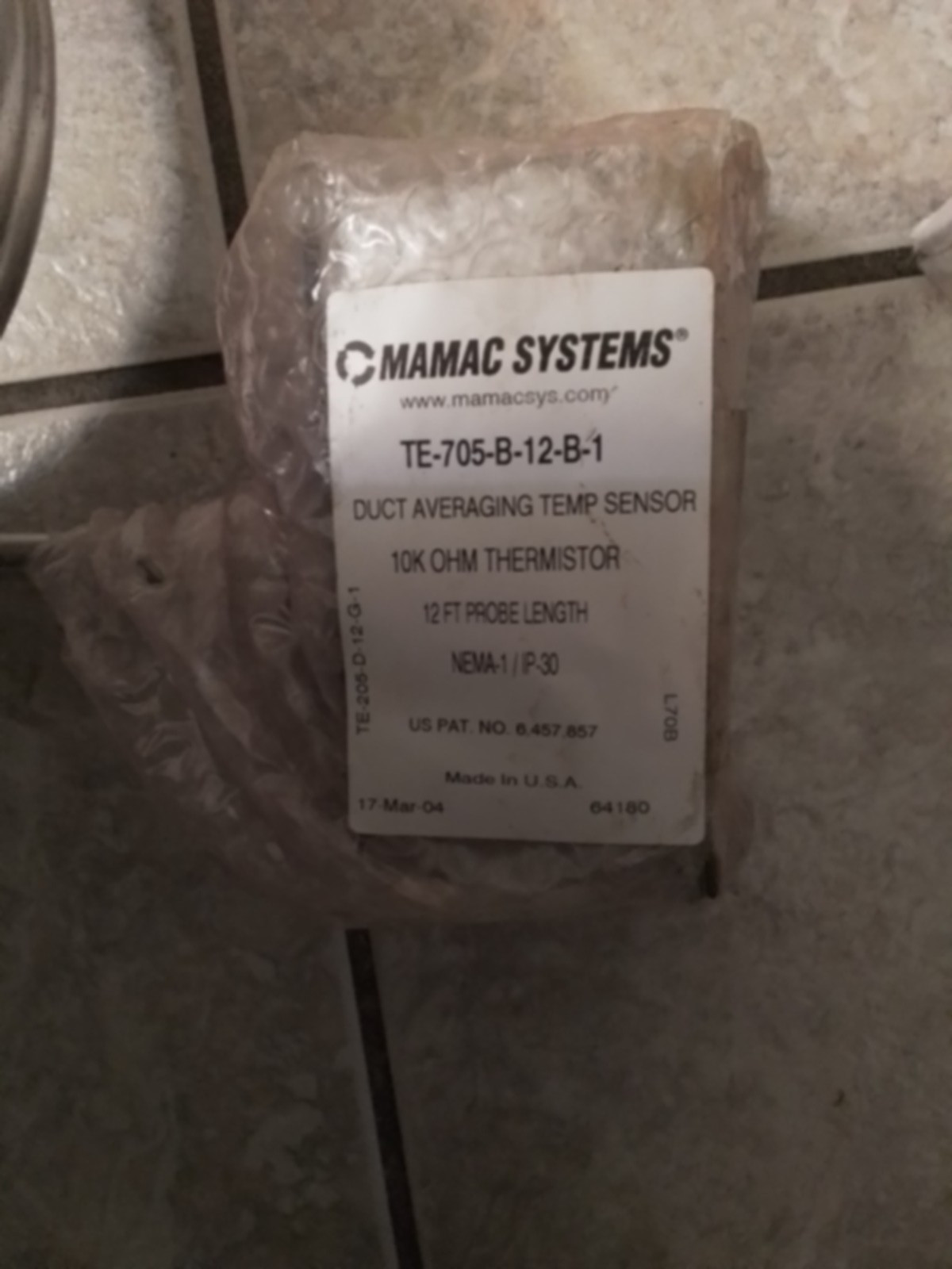 MAMAC SYSTEMS TE-705-B-12-B-1 Duct Averaging Temp Sensor 10K OHM Thermistor12Ft