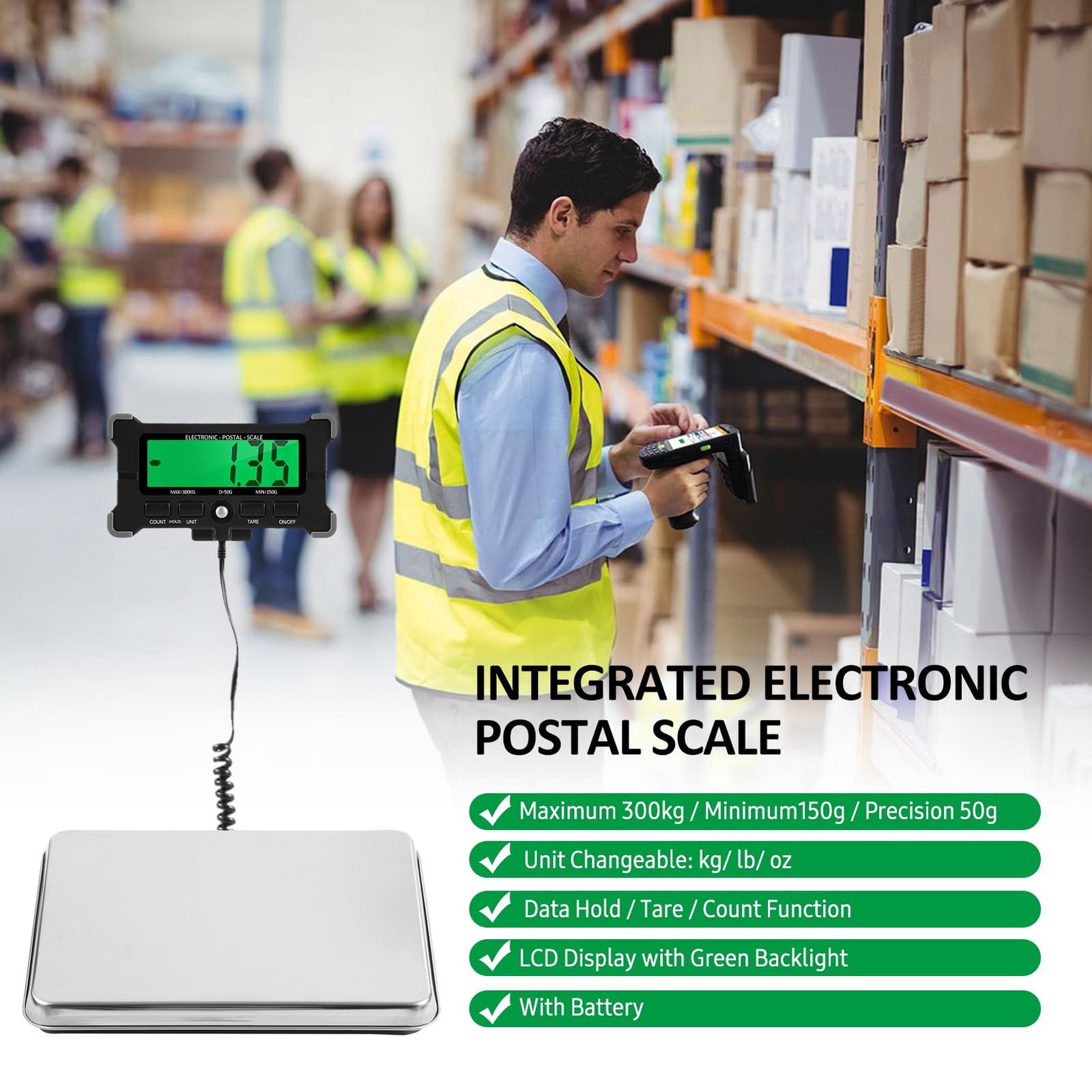 660lbs/300kg Electronic Postal Scale, 50g/0.1lb Precision, LCD Display, 16X 12 S