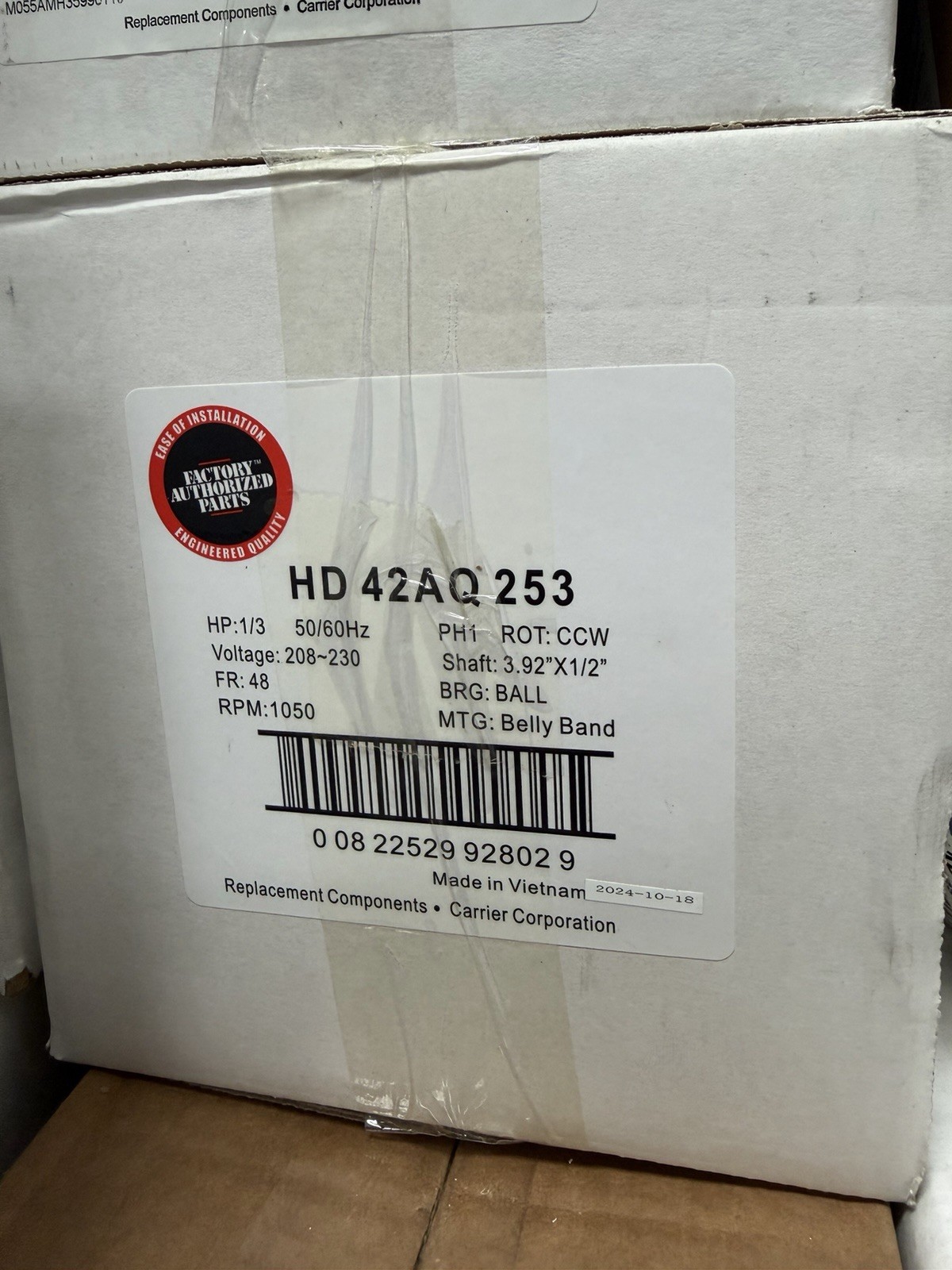 New Carrier HD42AQ253 Blower Motor, 208-230V, 50/60HZ, 1050RPM, 1/3HP Fan Motor