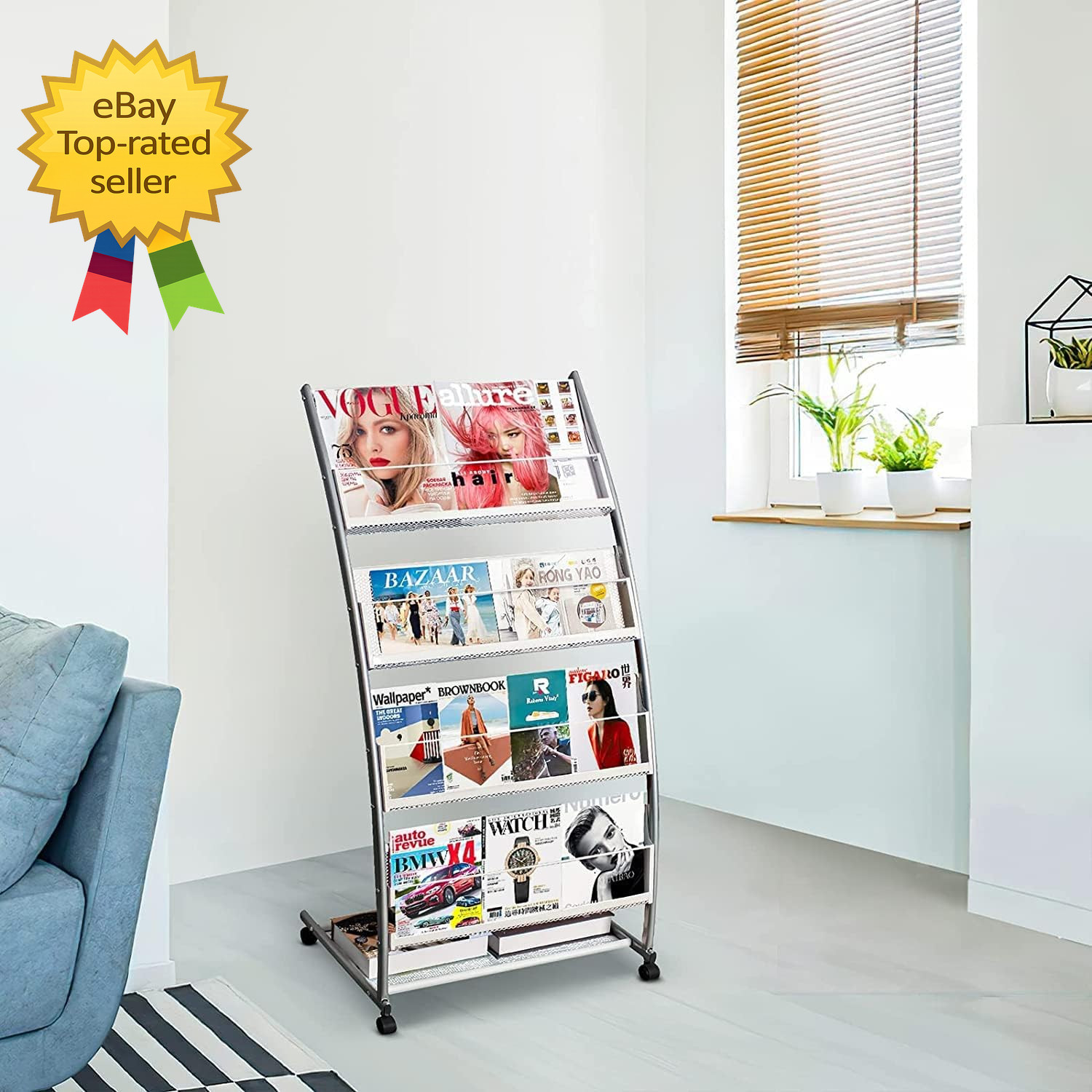 Magazine Rack Floor Standing,Brochure Display Stand 4 Pockets Metal Literature