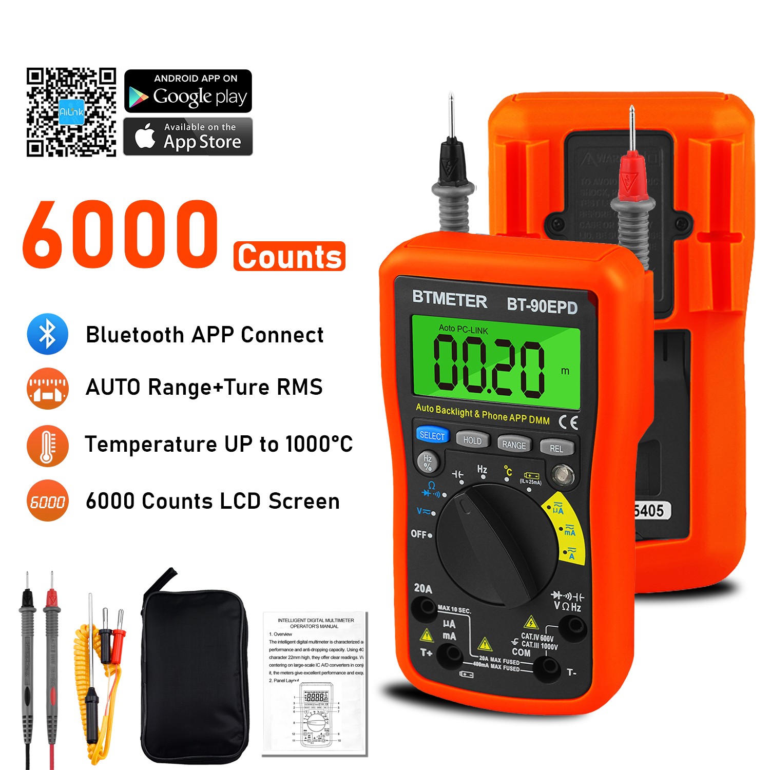 BTMETER Bluetooth Digital Multimeter 4000 Count AC/DC Voltage Current Resistance