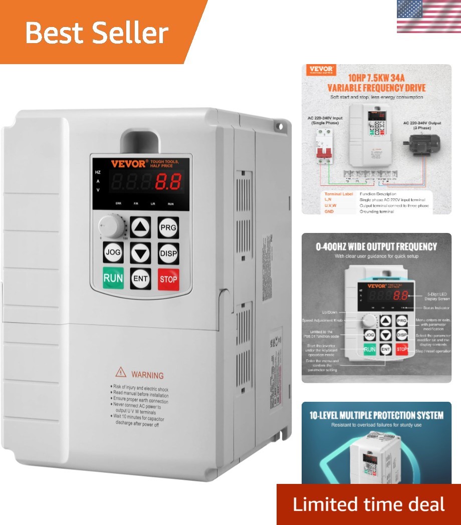 VFD 10HP, 7.5KW, 34A, 1 Phase 220V-240V Input to 3 Phase 220V-240V Output Var…