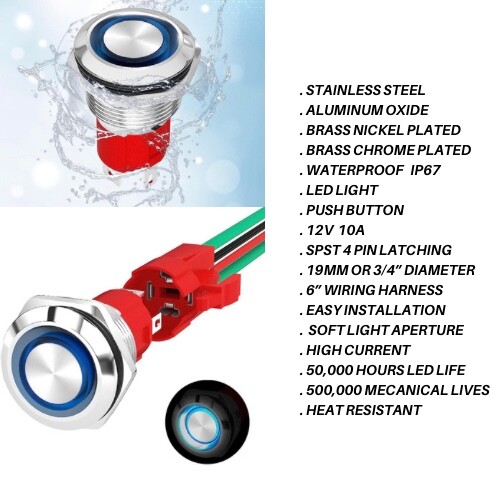 4 Marine Red LED Push Switch Momentary Ring Button Ultra Flush Power Switch 19mm
