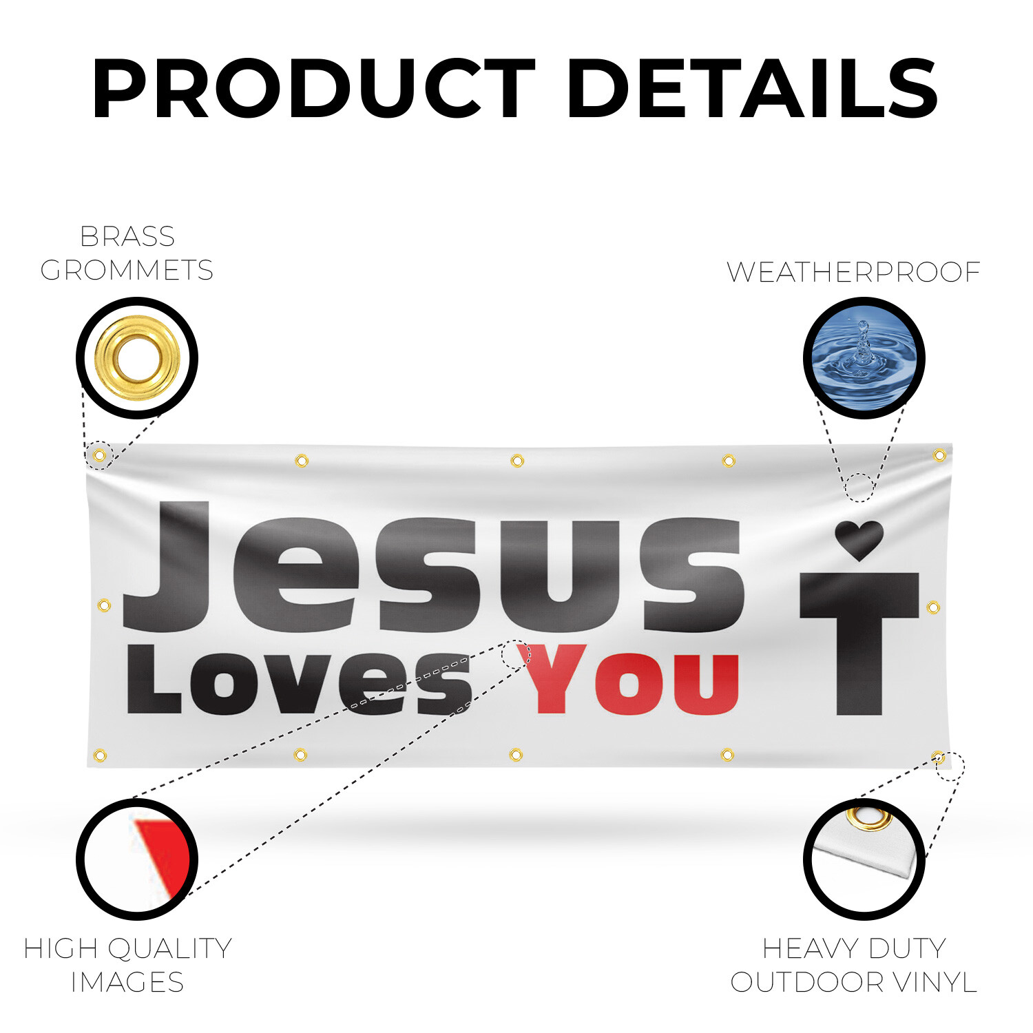 Jesus Loves You Vinyl Banner Sign with Metal Grommets Heavy-Duty Single-Sided