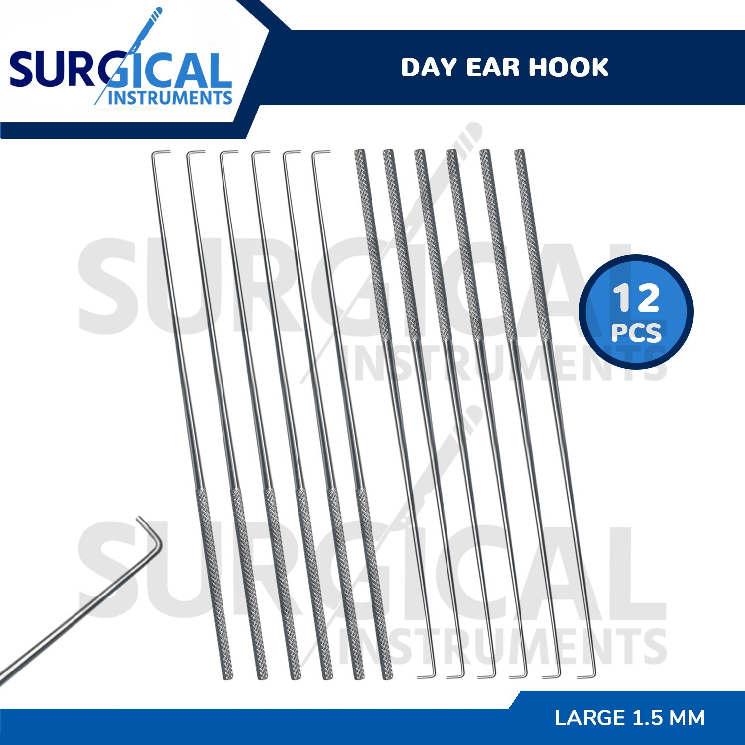 12 Pcs Day Ear Hook 6.5″ Large 1.5 MM ENT Surgical Instruments German Grade