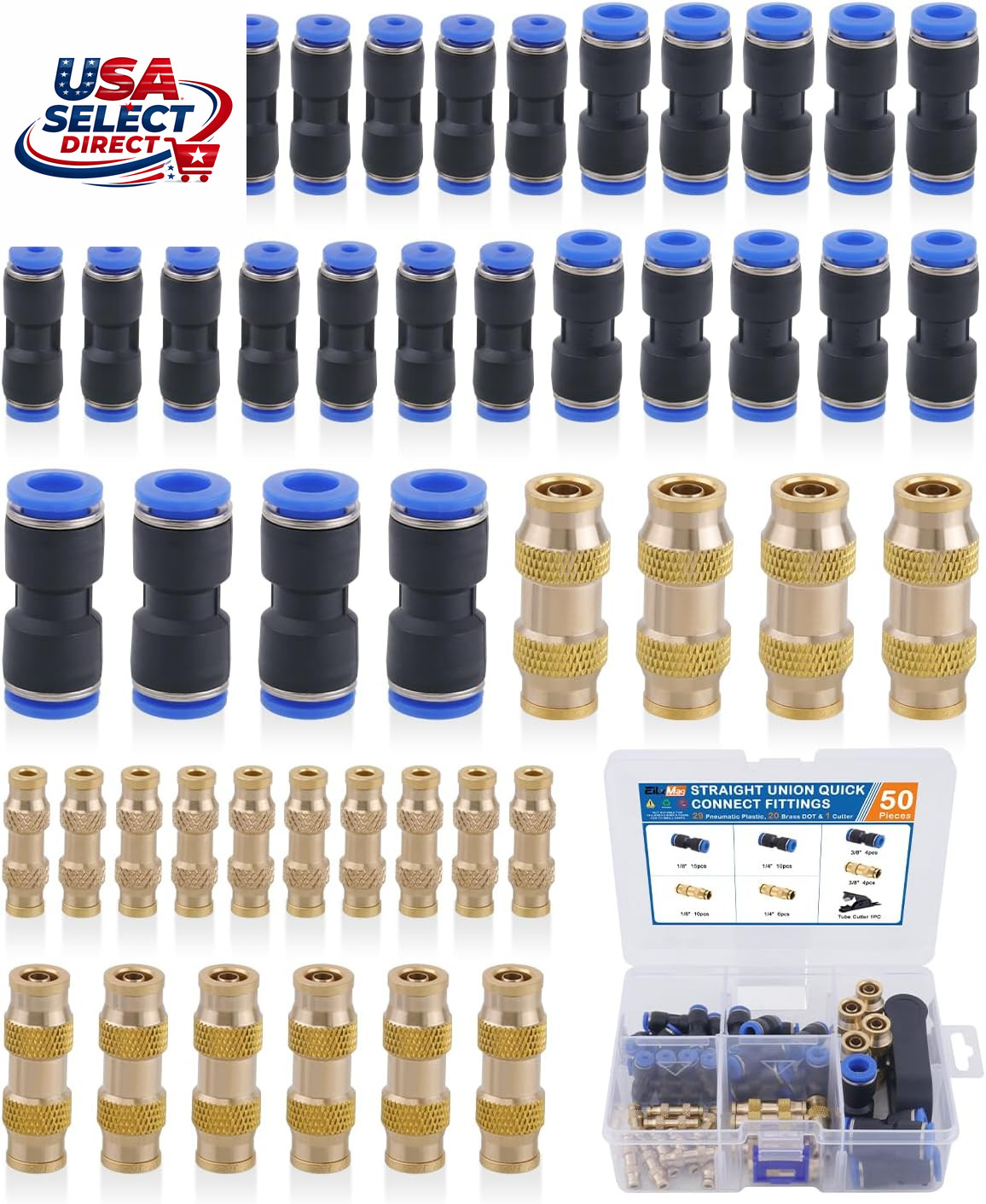 50PCS Push to Connect Fittings Kit, Plastic & Brass Connectors