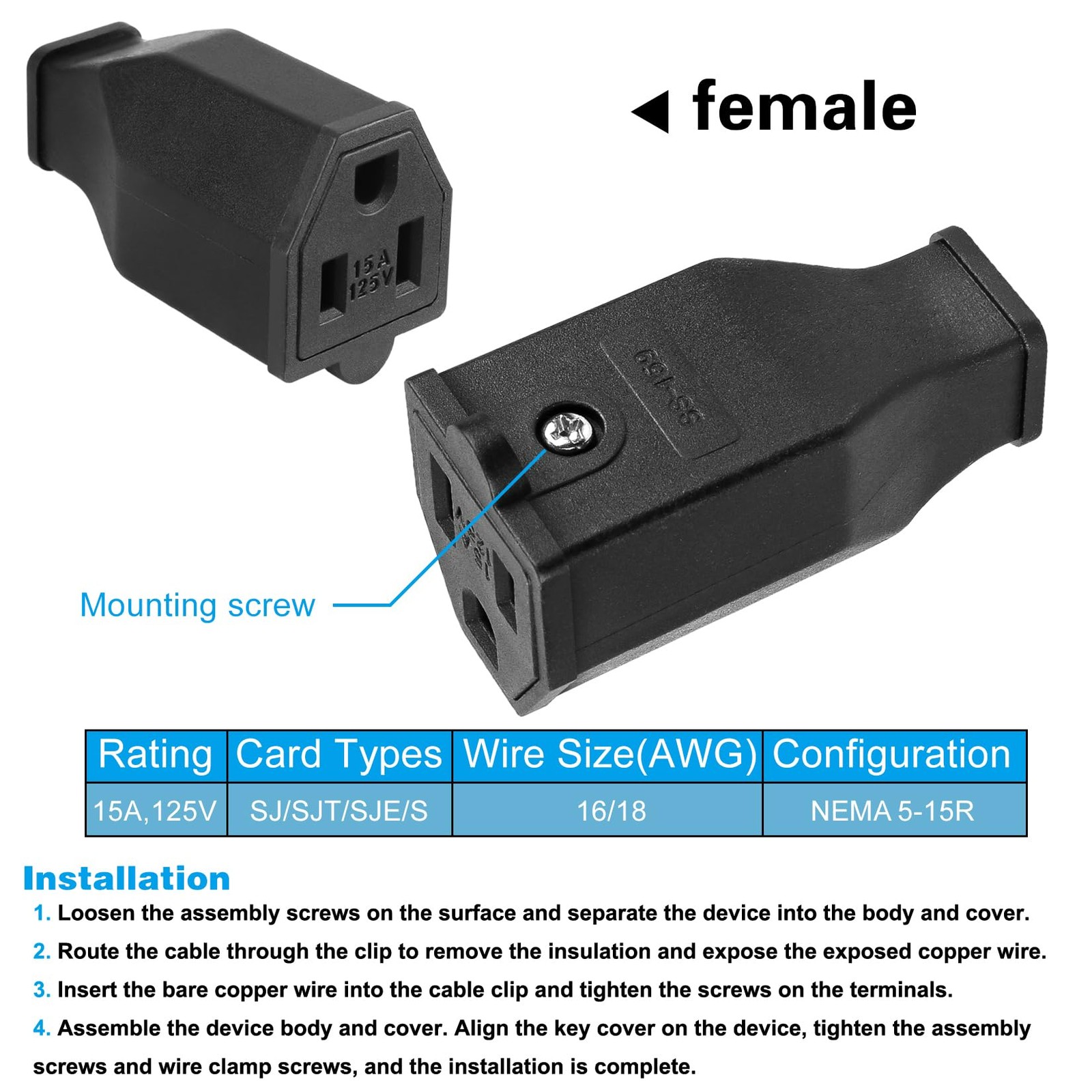 TENINYU 2-Pole, 3 Wire Grounding Plug Female Extension Cord Straight Blade Plug