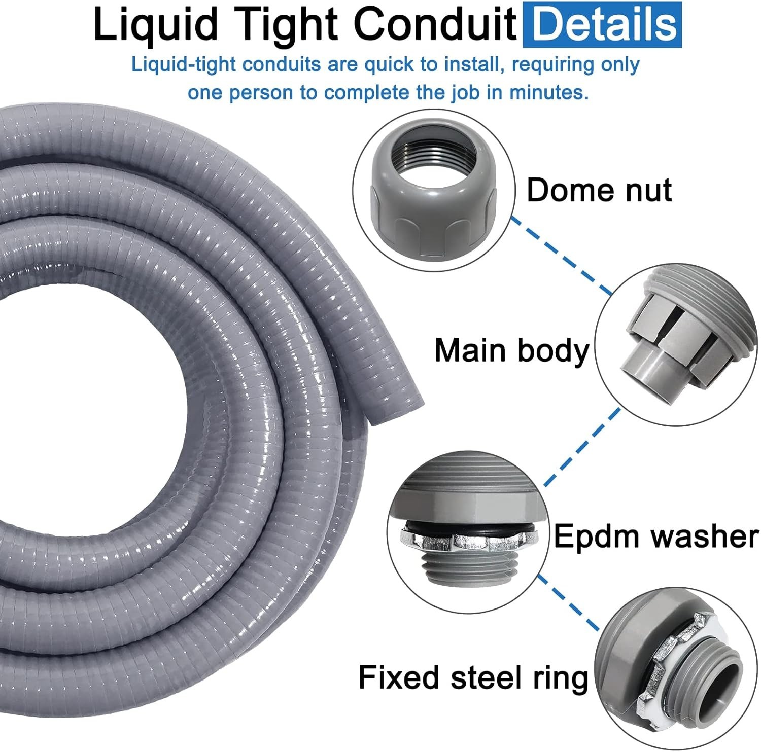Durable 50 ft Liquid-Tight Conduit Kit with 8 Connectors – Ideal for Outdoor Use
