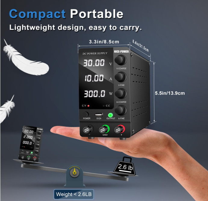 Fuente de Alimentación DC Ajustable 30V 10A con Pantalla LED y Puerto USB 5V, r